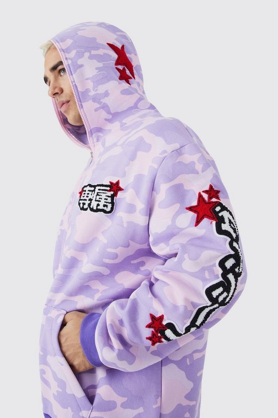 Oversize Camouflage Hoodie mit Reißverschluss und Applikation