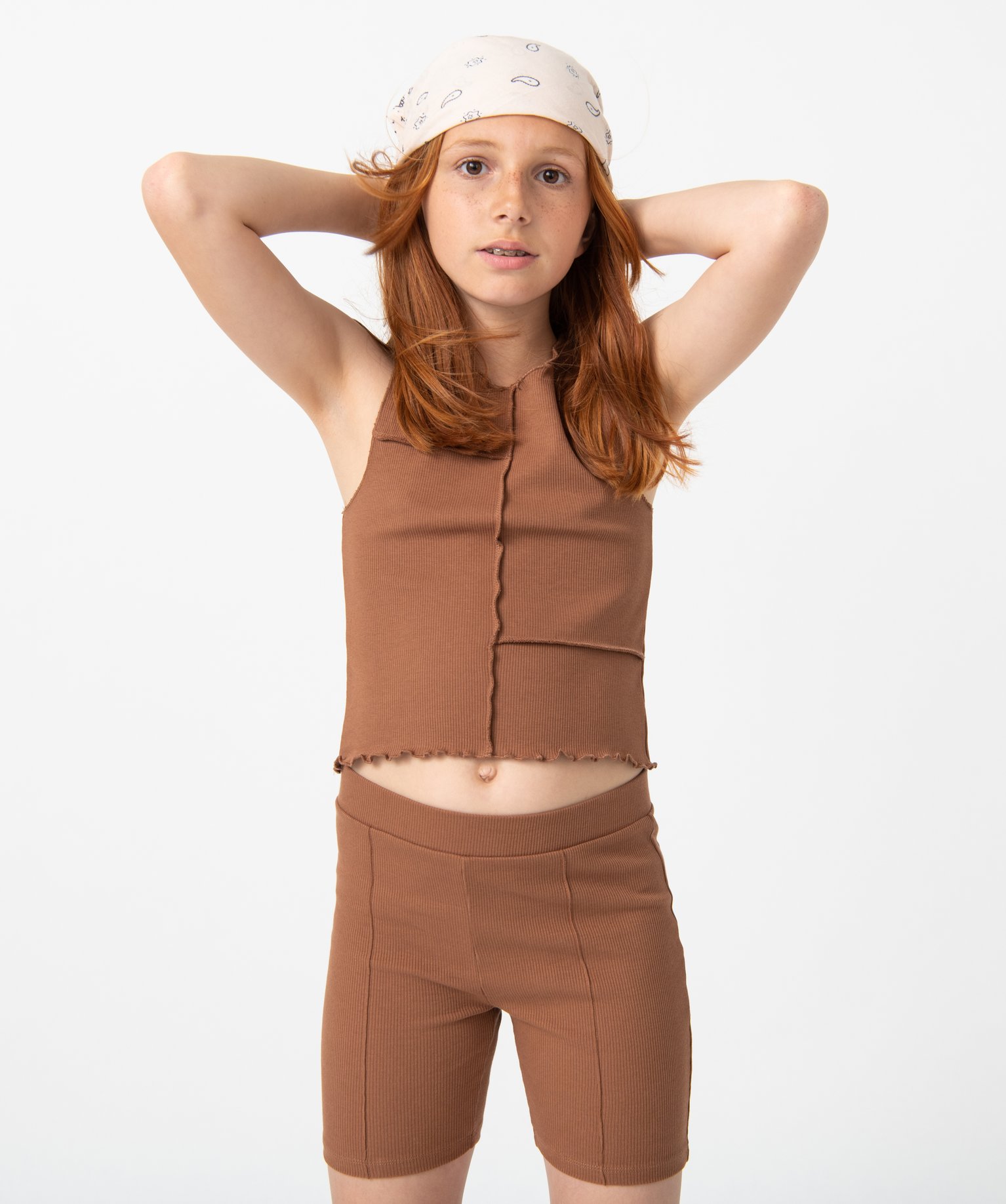 Short fille en maille ctelée avec surpiqres marron | GEMO