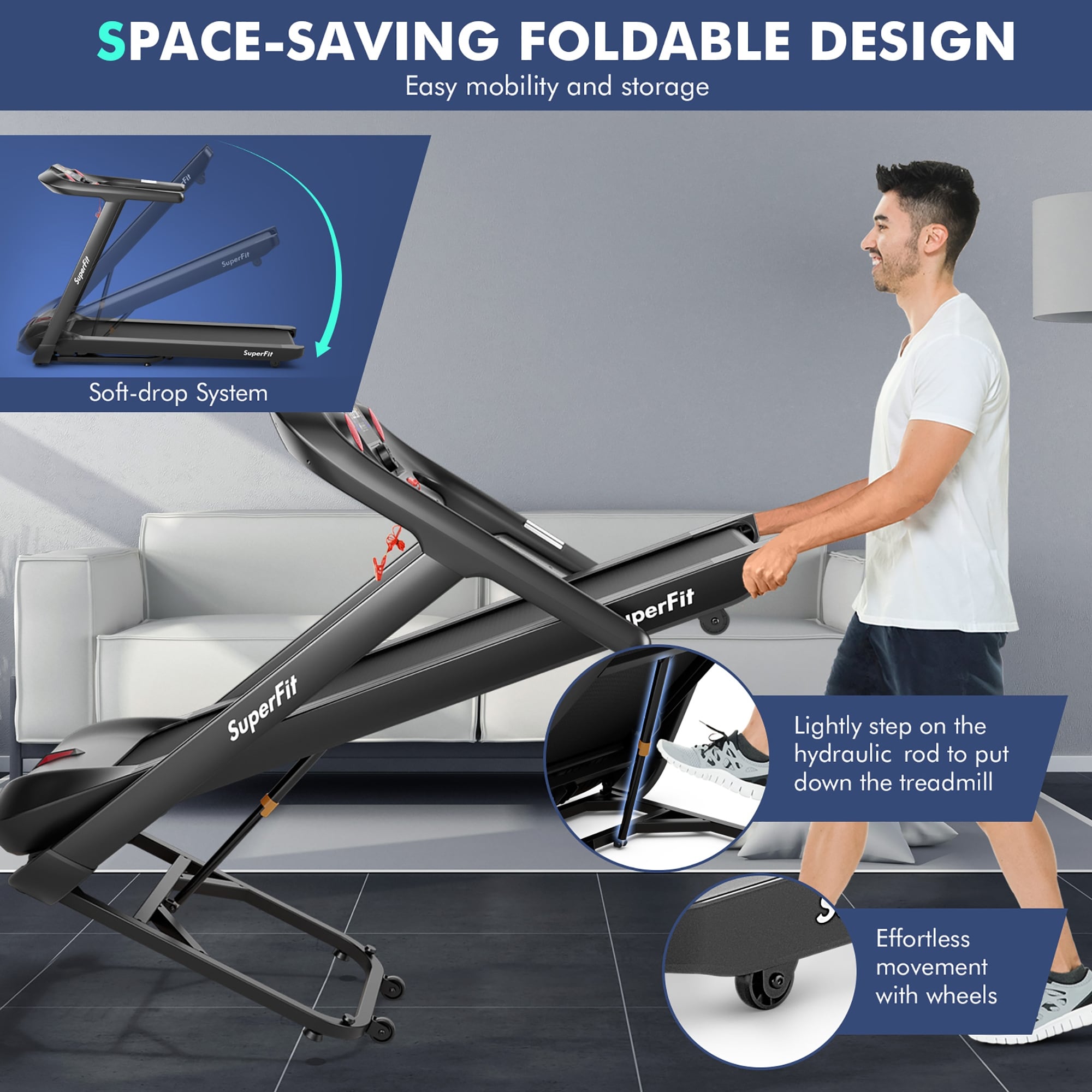 SuperFit 4.75HP Folding Treadmill w/Preset Programs Touch Screen - 64'' x 30'' x 45''