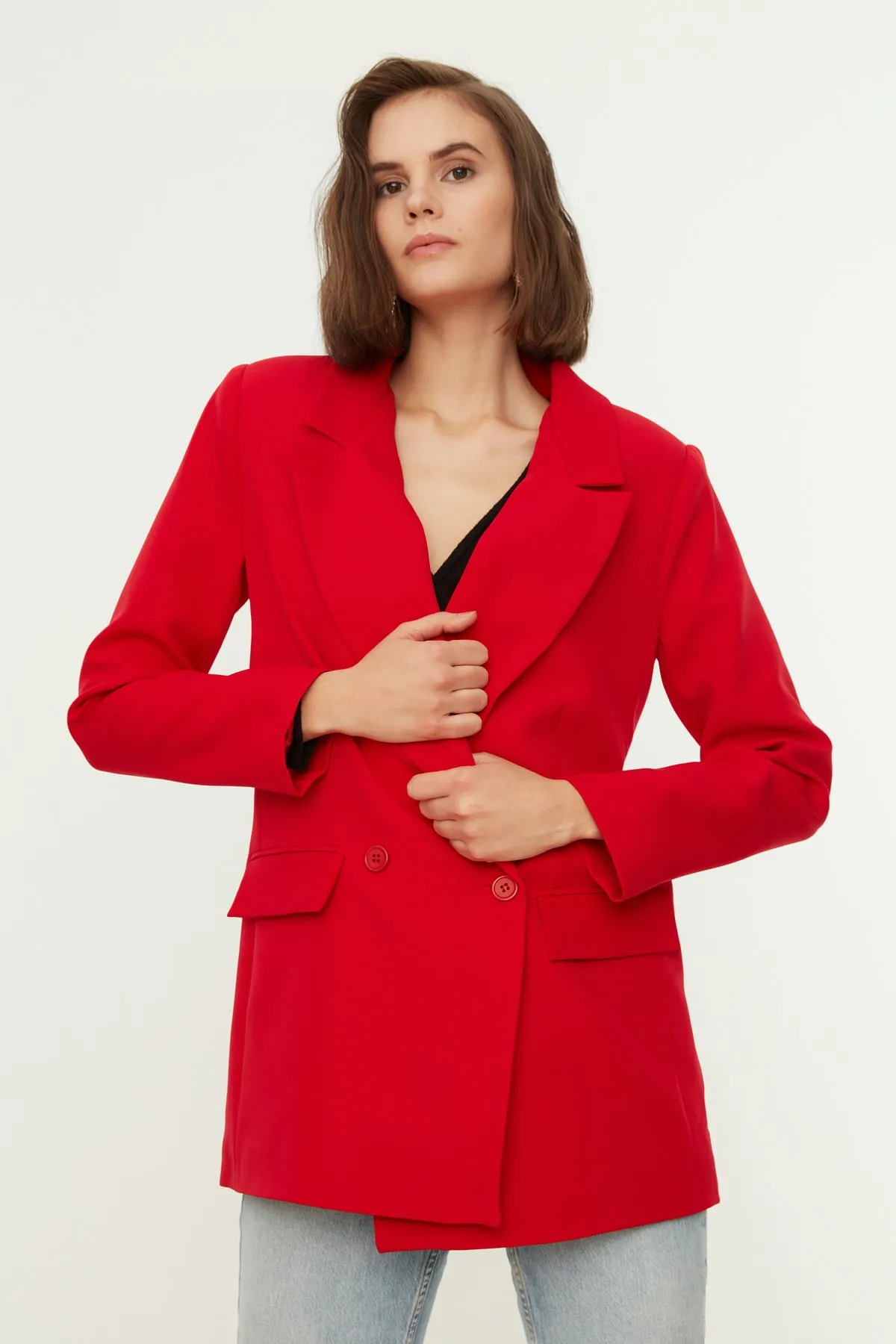 Trendyol Collection  Roter, normal gefütterter, zweireihiger, gewebter Blazer mit Verschluss TWOSS20CE0059