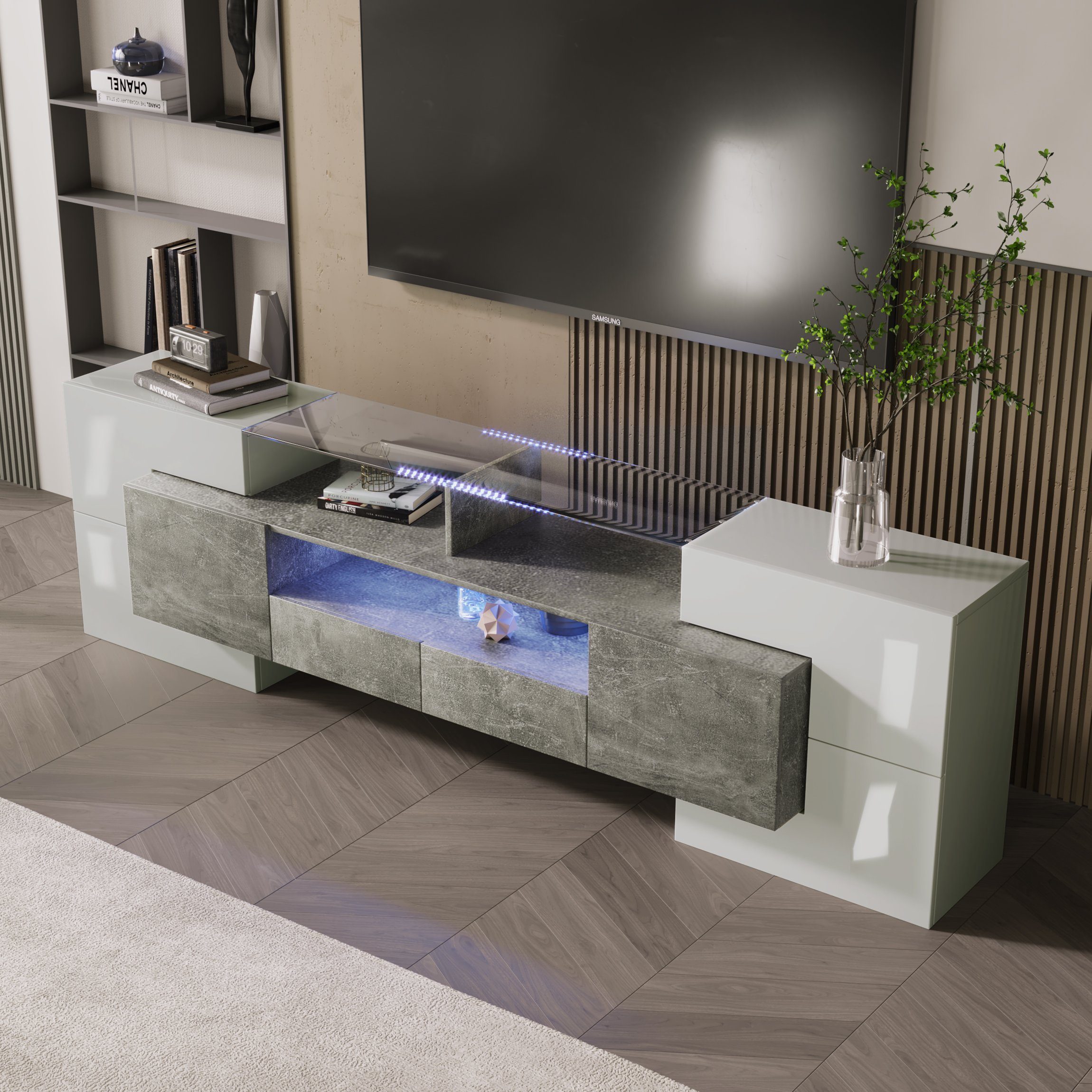 OKWISH TV-Schrank Lowboard TV Schrank (1-St., Weiß+Grau, 200 cm) LED-Beleuchtung, Wohnzimmermöbel. modernes Design