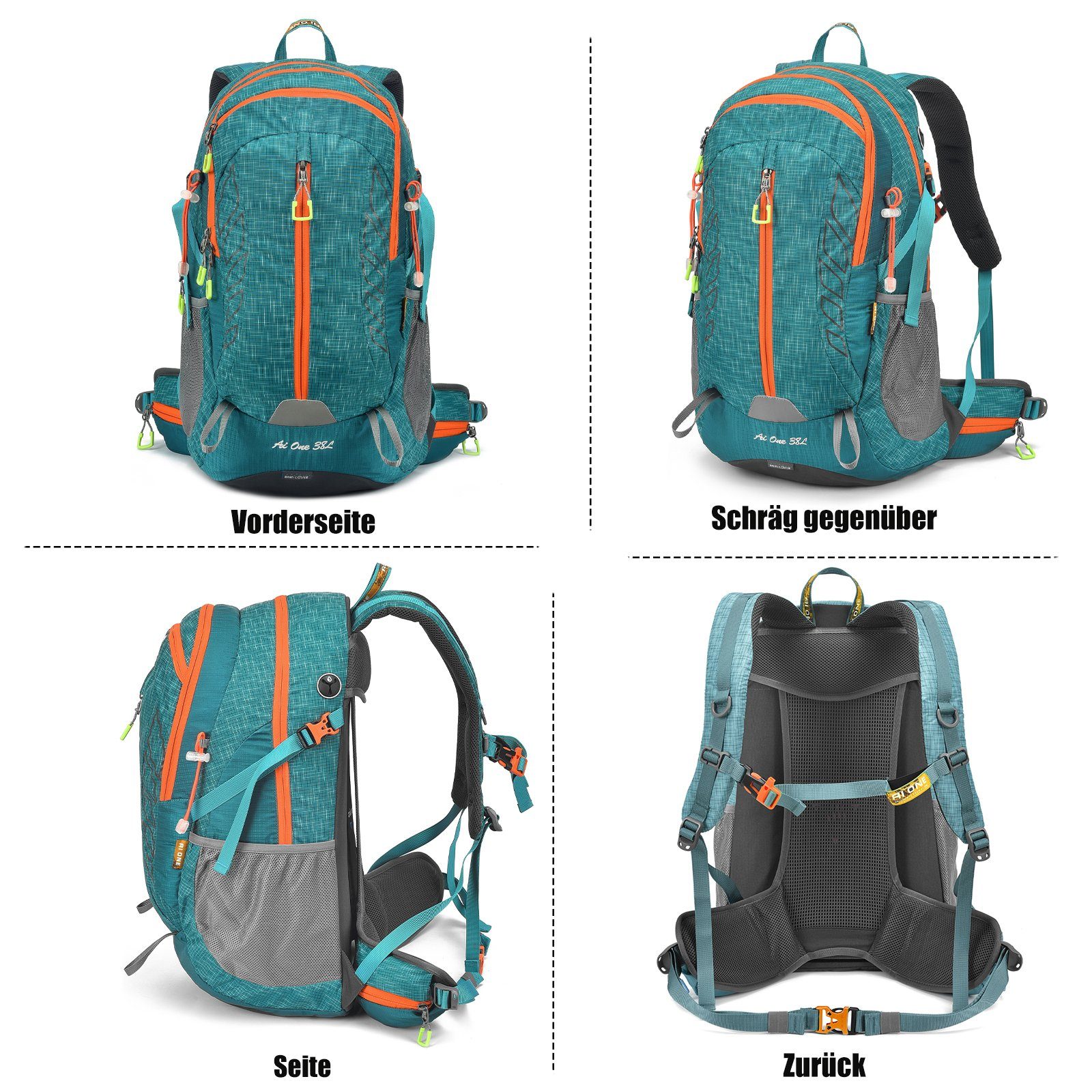 TAN.TOMI Wanderrucksack 38L Großer Wanderrucksack mit Rückenbelüftung, Wasserdicht (Einschließlich Regenschutz), mit Regenschutz für Outdoor Reisen Camping Trekking