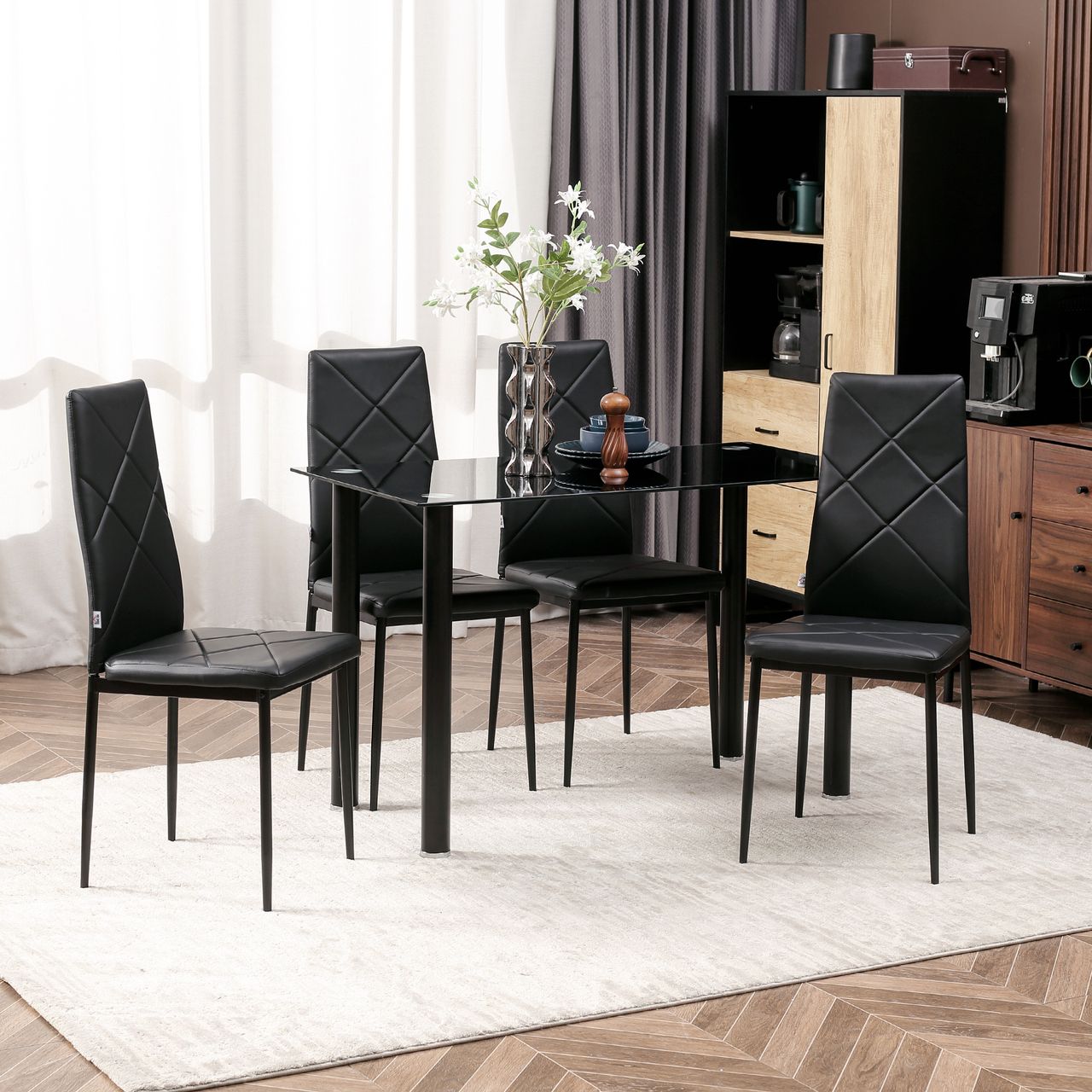 HOMCOM Esszimmerstuhl, 4er-Set Küchenstuhl, Gepolsterte Esszimmerstühle, Schwarz