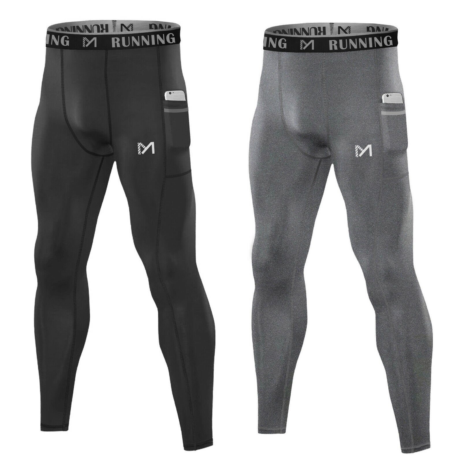 MEETYOO Trainingstights Herren lang Kompressions Laufhose (Sommer Funktions Laufhose Leggings, Training Jogginghose, Sport Fitness Tight) Mit Tasche