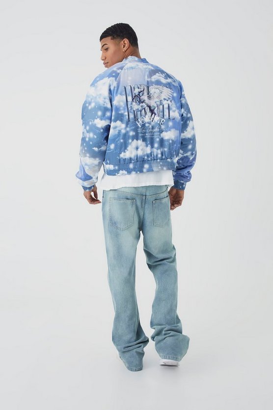 Kastige Satin-Bomberjacke mit Wolken-Print und Stickerei