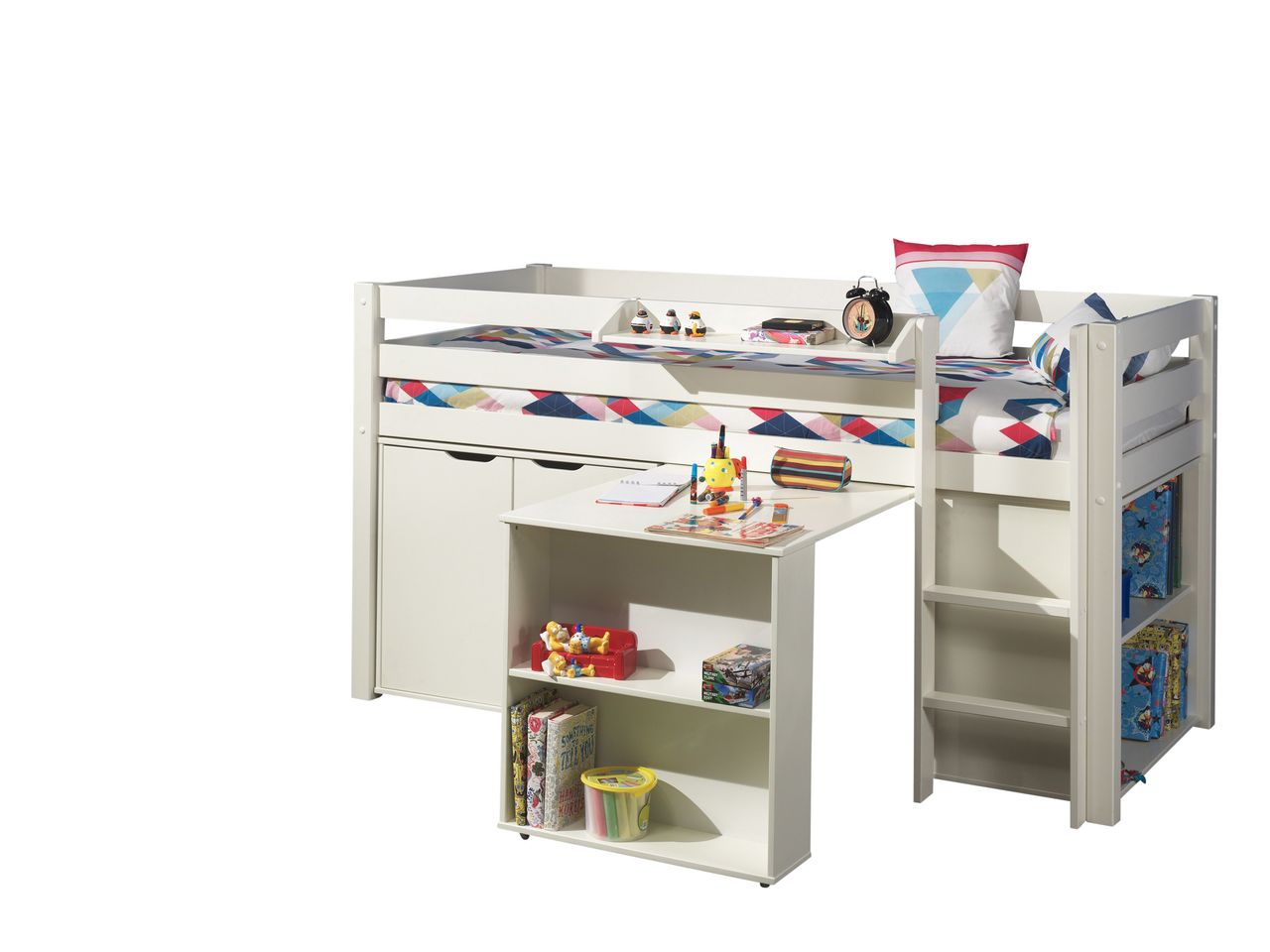 VIPACK Spielbett Pino mit Schreibtisch, Regal, Hängeregal und Kommde 2-trg.