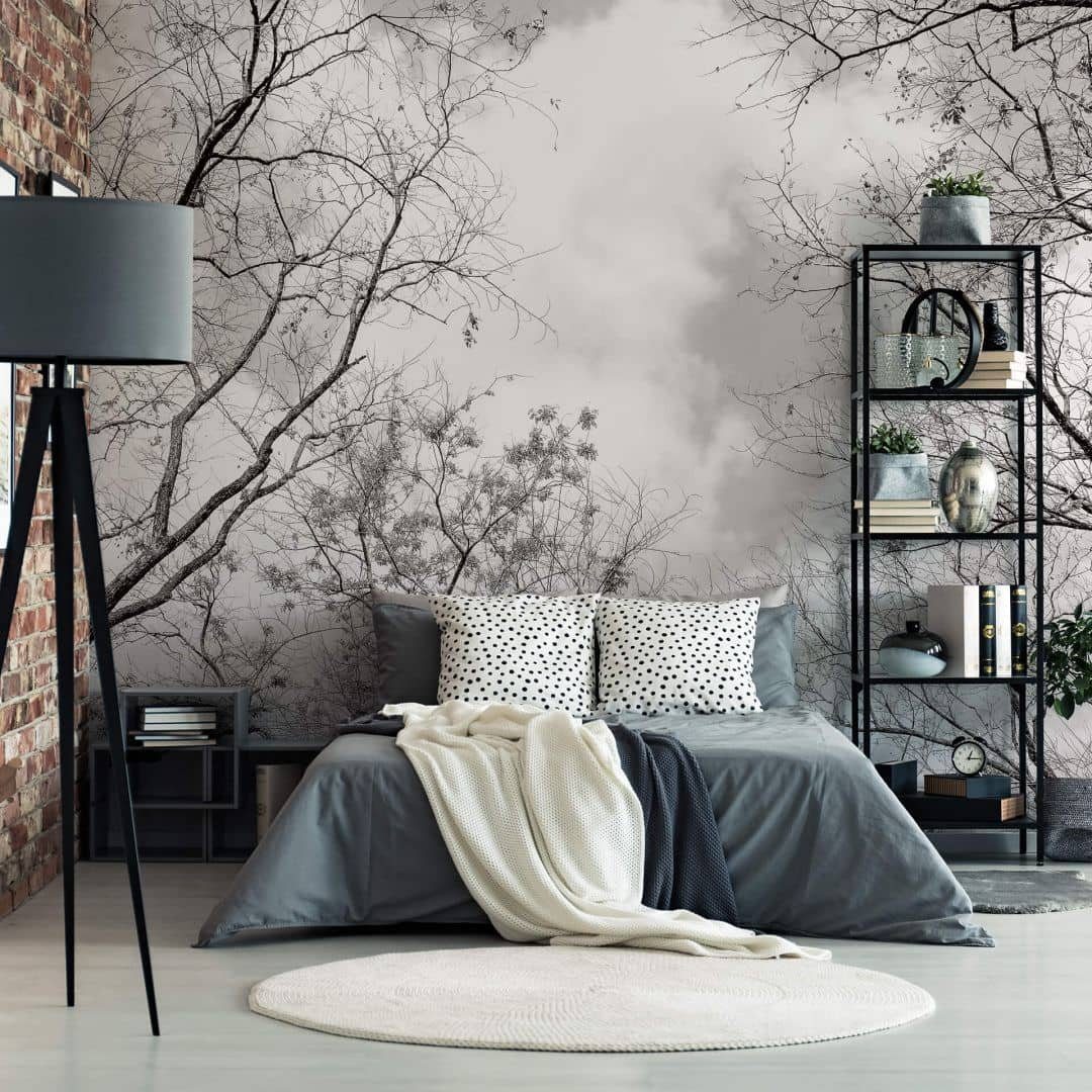 K&L Wall Art Fototapete schwarz-weiß Vliestapete Baum des Lebens Tapete Baumkronen im Himmel, Vlies Fototapete matt, Wald, Vintage Feng Shui Deko