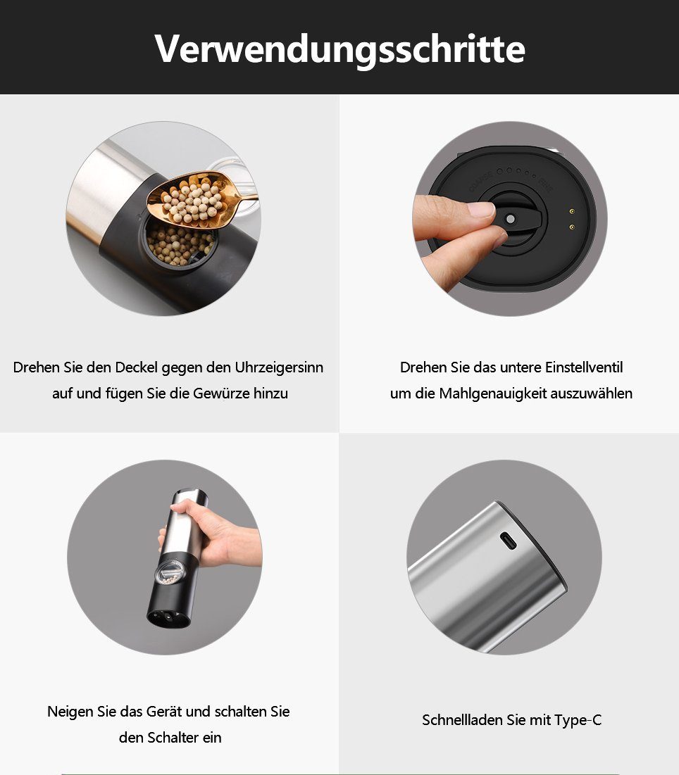 BUMHUM Salz-/Pfeffermühle Salz-/Pfeffermühle Salz und Pfeffermühle Salzmühle 2er Set Elektrisch USB Aufladbar Gewürzmühle mit Keramikmahlwerk,Adjustable Gewürzmühle, mit Wiederaufladbare Batterie und LED Indikator,Chilimühle Grinder