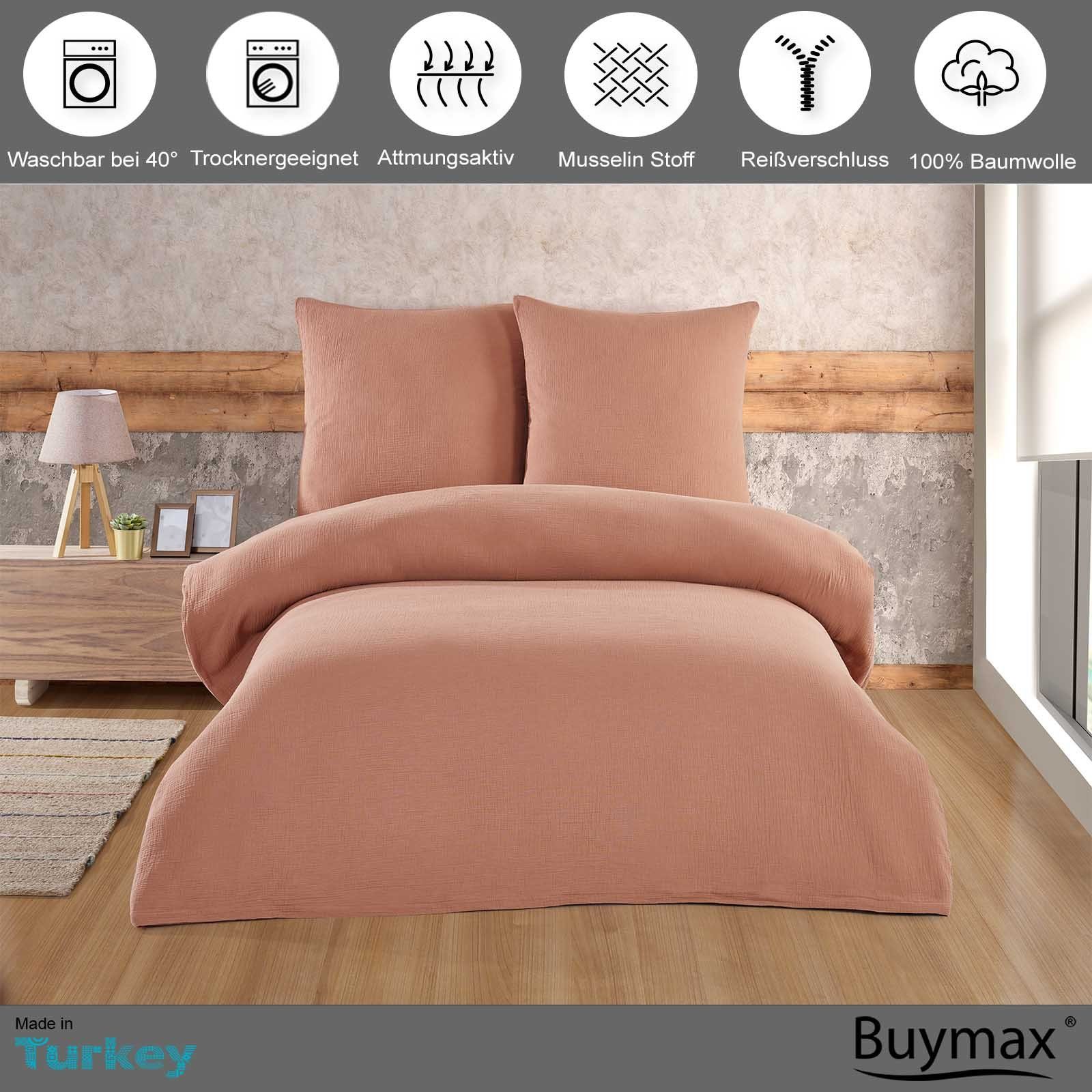 Bettwäsche Luxury, Buymax, Musselin Baumwolle, 2 teilig, Musselin Bettwäsche Set 100% Baumwolle warme Bettbezug Uni einfarbig 2 - 3 tlg. mit Reißverschluss in verschiedenen Farben und Größen