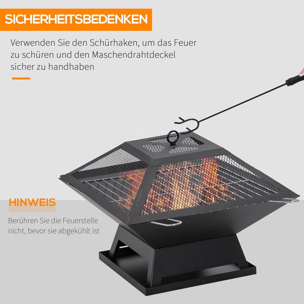 Outsunny Feuerschale mit Funkenschutz Grillrost Schürhaken Feuerkorb Feuerstelle für Garten Camping BBQ Stahl Schwarz 45 x 45 x 34 cm
