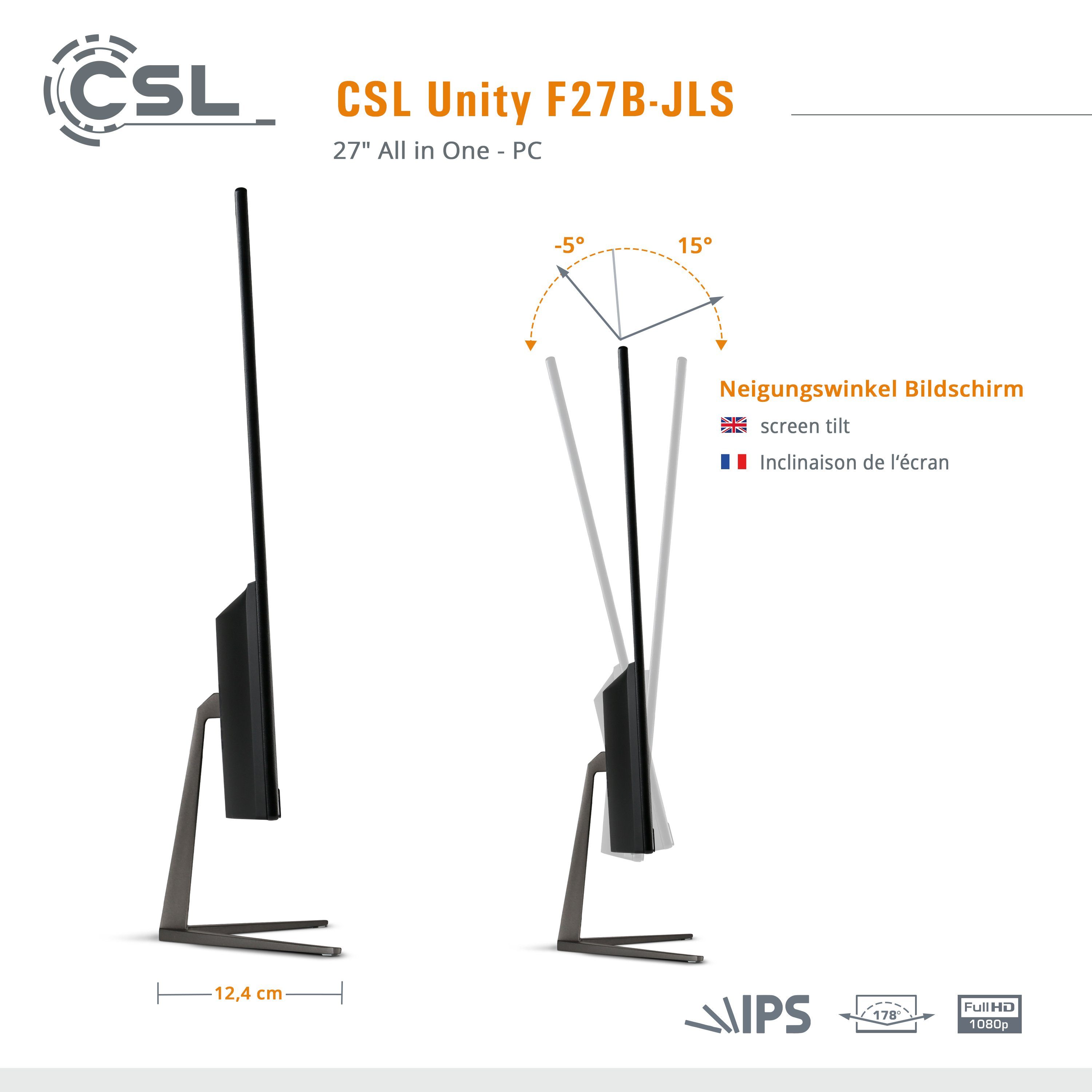 CSL Unity F27-JLS PC (27 Zoll, Intel® Celeron N5100, Intel® UHD Graphics, 16 GB RAM, 256 GB SSD, passiver CPU-Kühler)