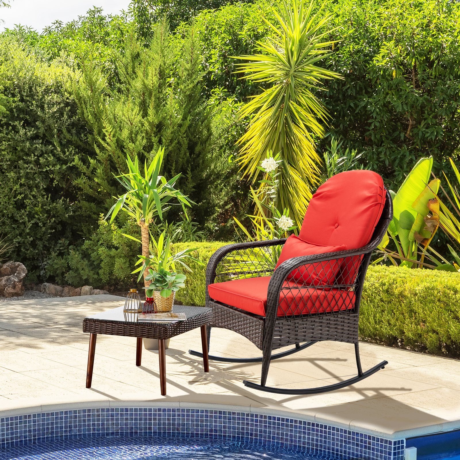 COSTWAY Schaukelstuhl, Rattan, mit Lehne und Kissen, 87x67x95cm