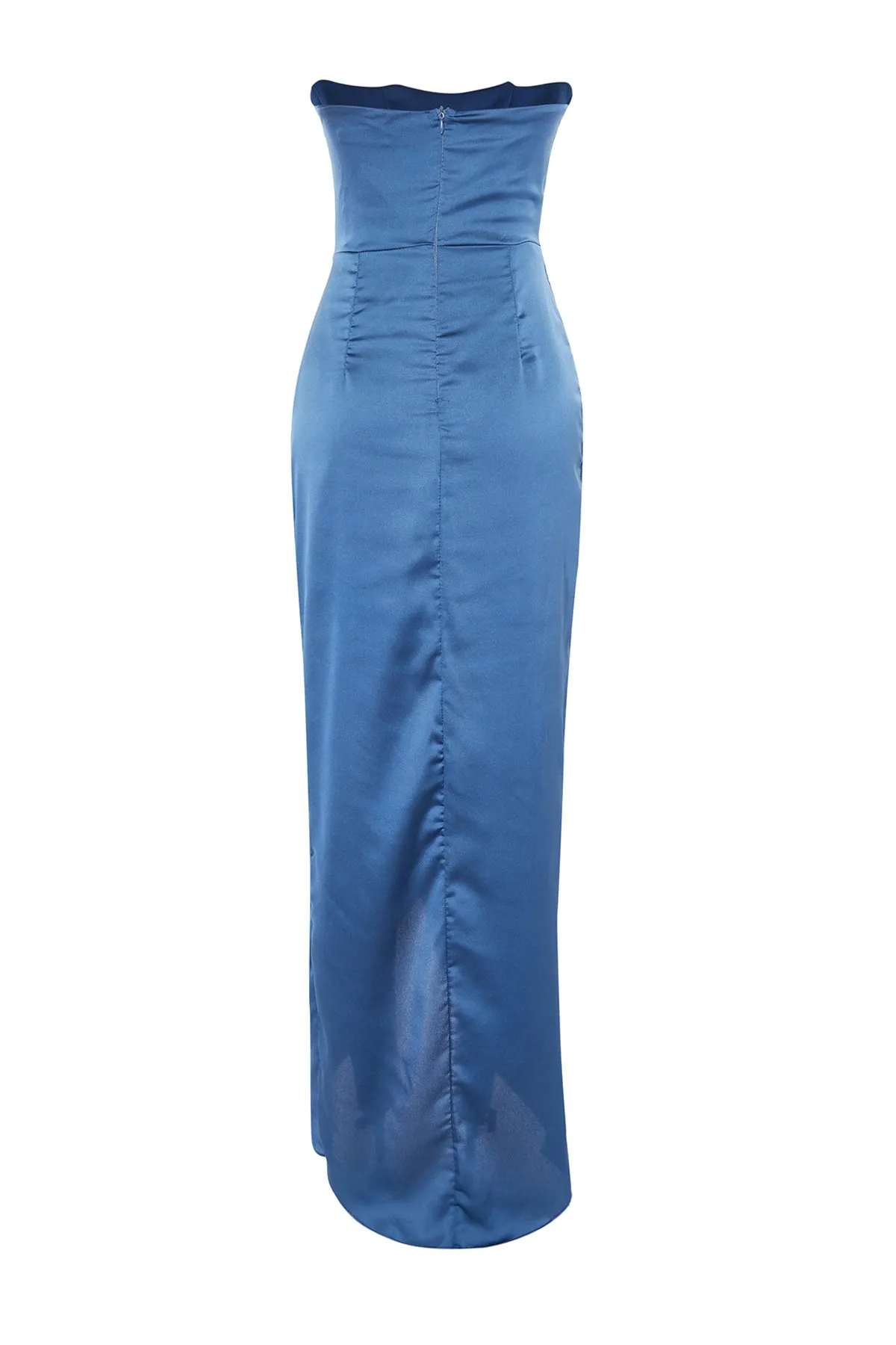 Trendyol Collection  Indigoblaues, zweireihiges, gefüttertes, langes Abendkleid aus Satin mit gewebtem Miederdetail TPRSS22AE0005