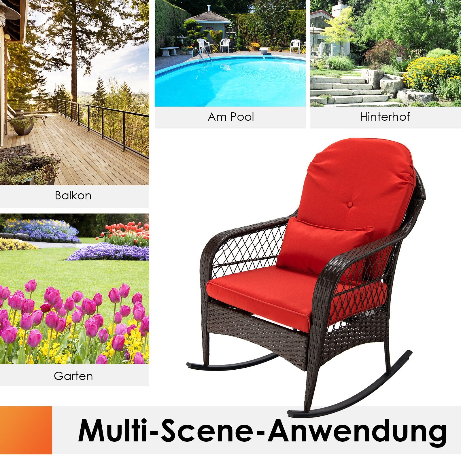 COSTWAY Schaukelstuhl, Rattan, mit Lehne und Kissen, 87x67x95cm