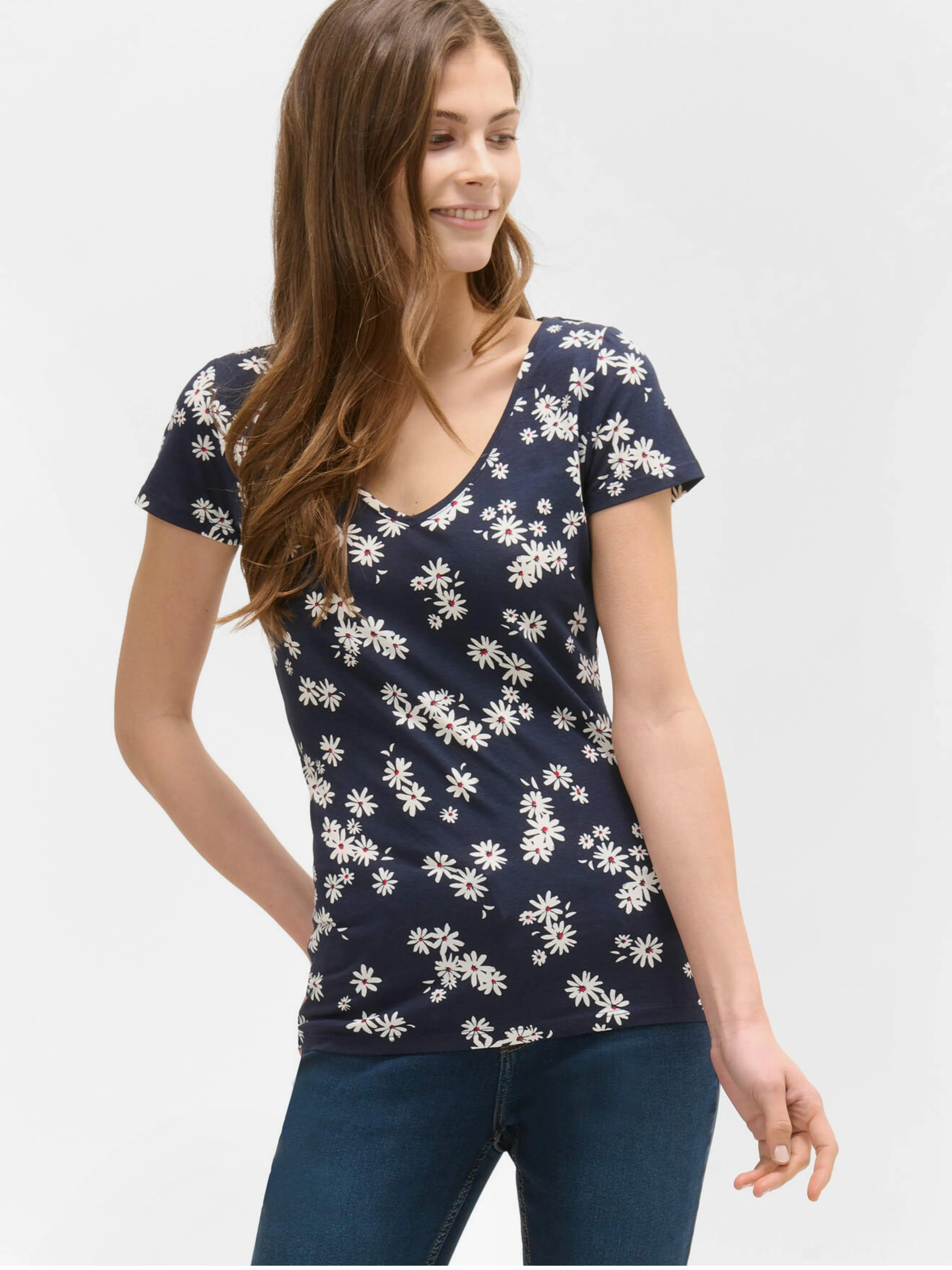 Dunkelblaues geblümtes T-Shirt ORSAY
