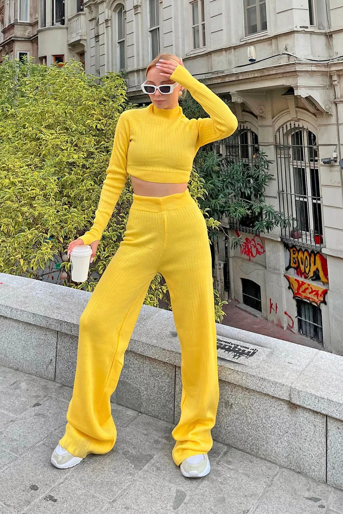 Swist  Gelbes Half-Fisherman-Strick-Crop-Pullover-Hose-Strickwaren-Bottom-Top-Set