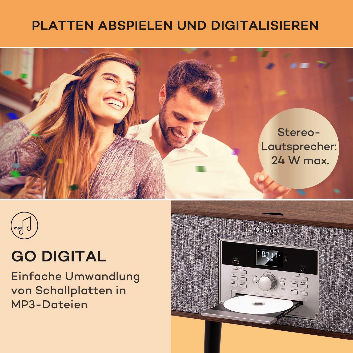 Auna Julie Ann Plattenspieler (Riemenantrieb, Bluetooth;CD, Schallplattenspieler mit Lautsprecher Radio Vinyl Plattenspieler)