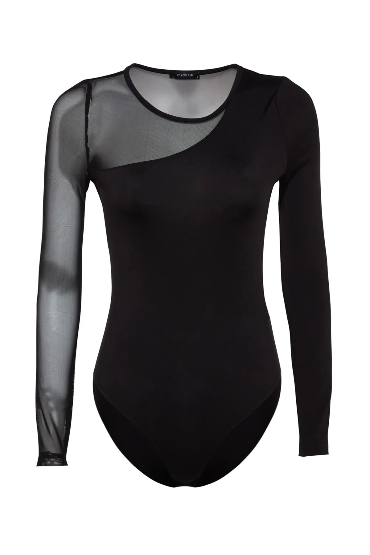Trendyol Collection  Schwarzer flexibler Strickbody mit Druckknöpfen und Tülldetail TWOAW24BD00021