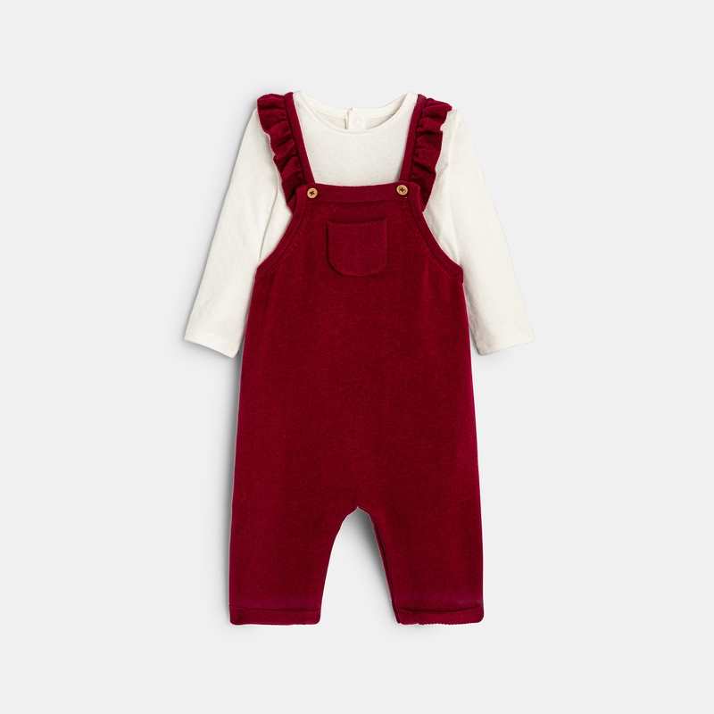 Salopette en maille tricot et body pointelle rose naissance