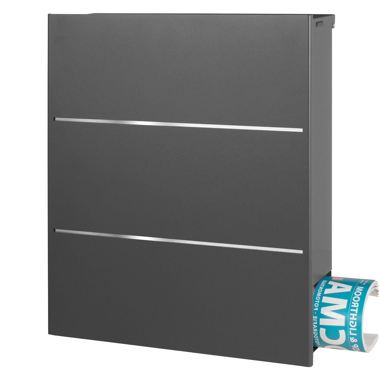 MOCAVI Briefkasten MOCAVI Box 141R Design-Briefkasten mit Zeitungsfach grau-eisenglimmer (DB 703) mit Edelstahl-Detail, integriert, passender Verschluss (zusätzlich bestellbar) für Wetterseite, beidseitig nutzbar: Box Vers 1 VA