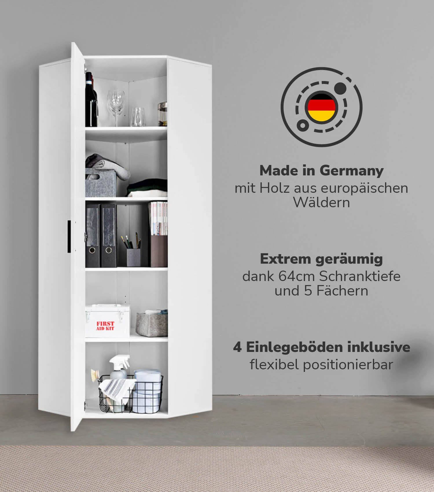mokebo Mehrzweckschrank Der Lange Eckschrank (mit 4 Einlegeböden) als Eckschrank, Aktenschrank, Schuhschrank oder Schrank in Weiß