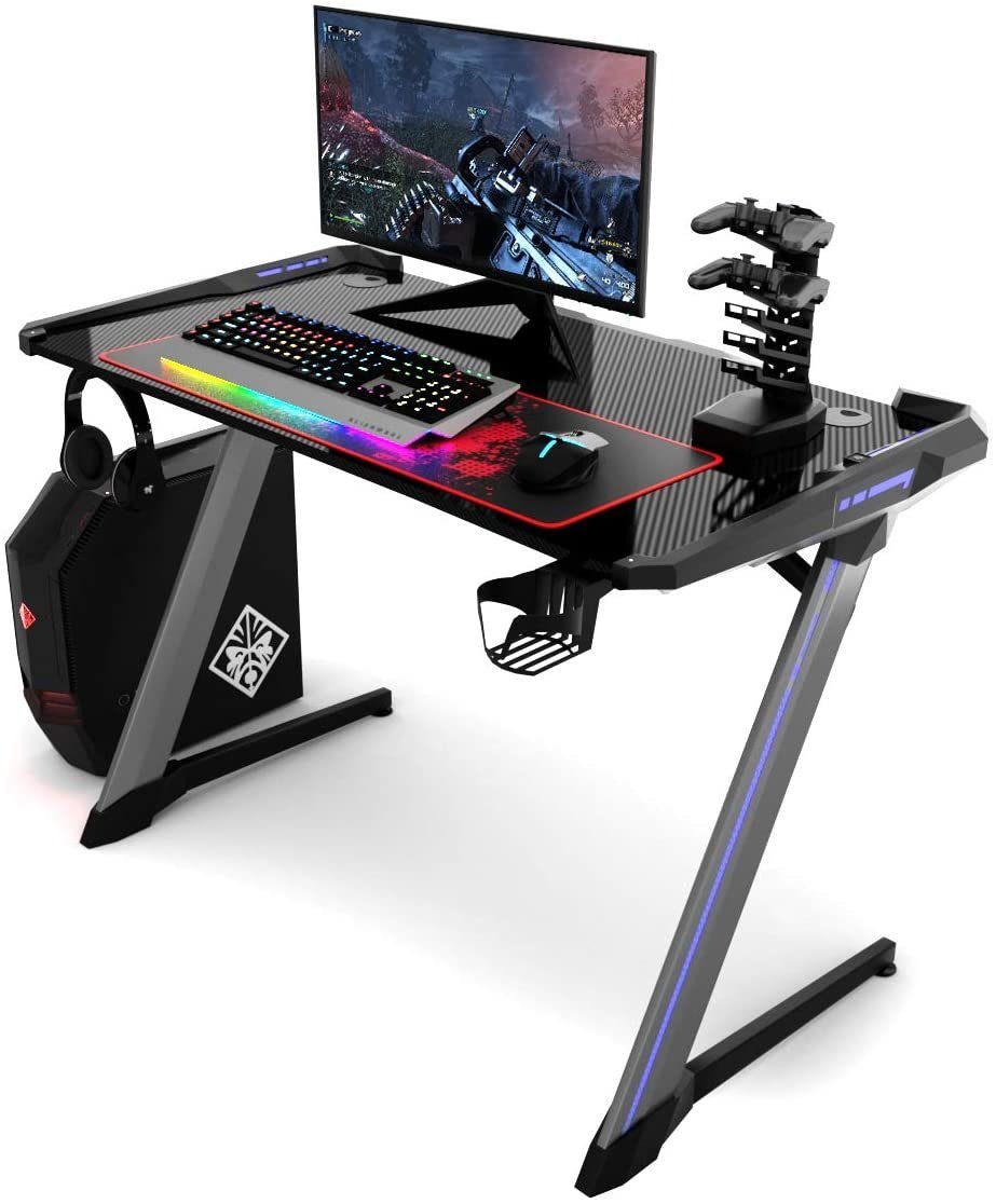 COSTWAY Gamingtisch, RGB-Led, Controller-Halterung mit 4 USB, Z-förmig 120cm