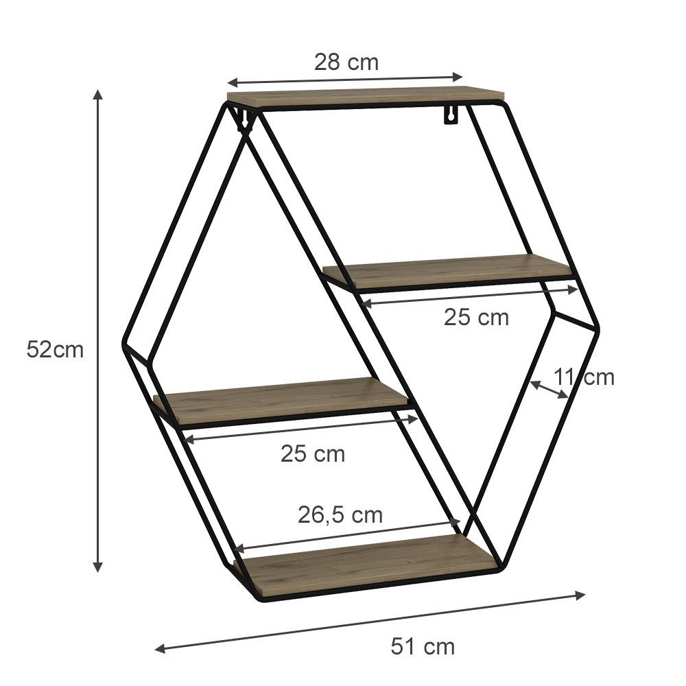 Vicco Wandregal Hängeregal hexagon FYRK Eiche/Schwarz
