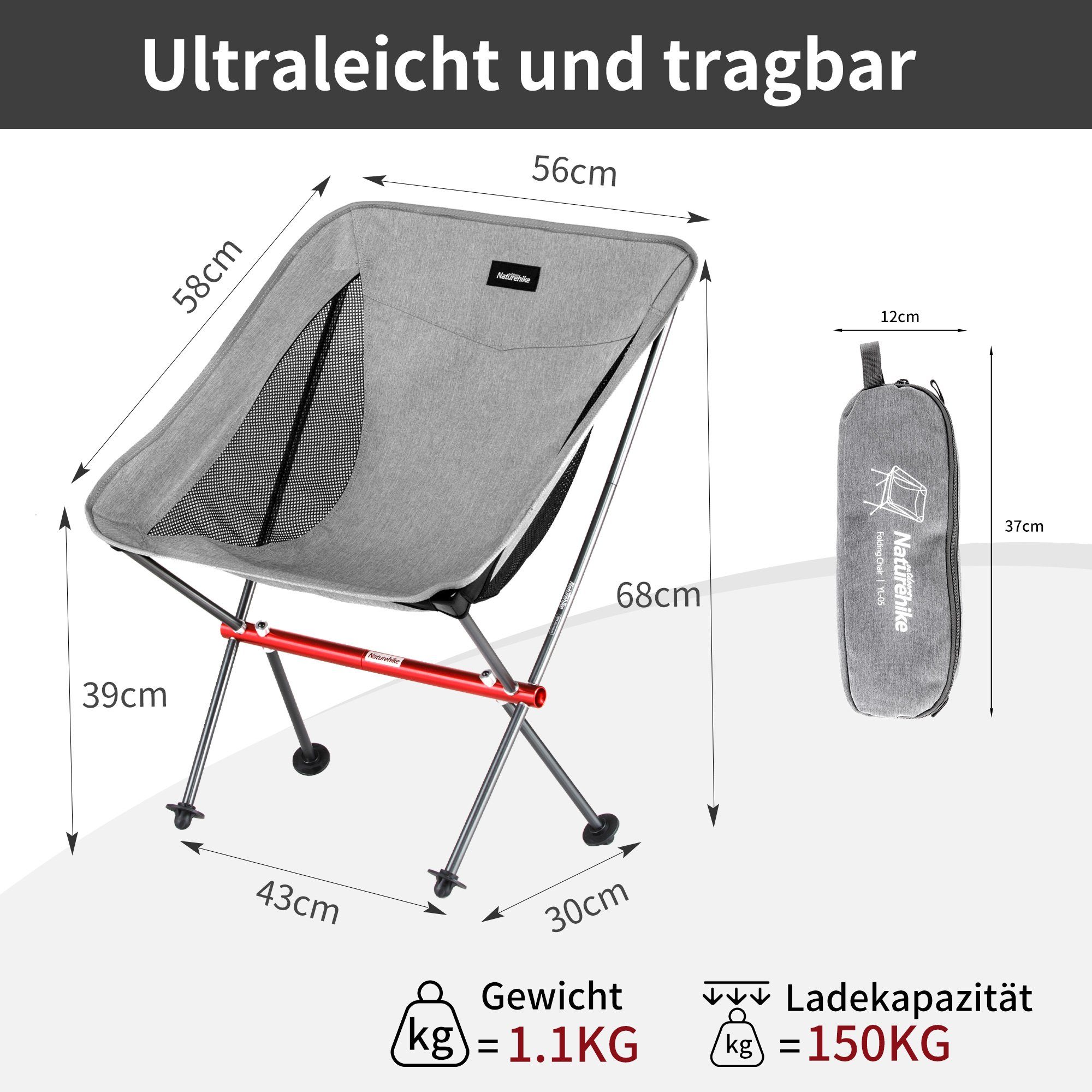 Naturehike Campingstuhl Ultraleicht Klappstuhl Schnelle Demontage und Montage, 68×43×30cm