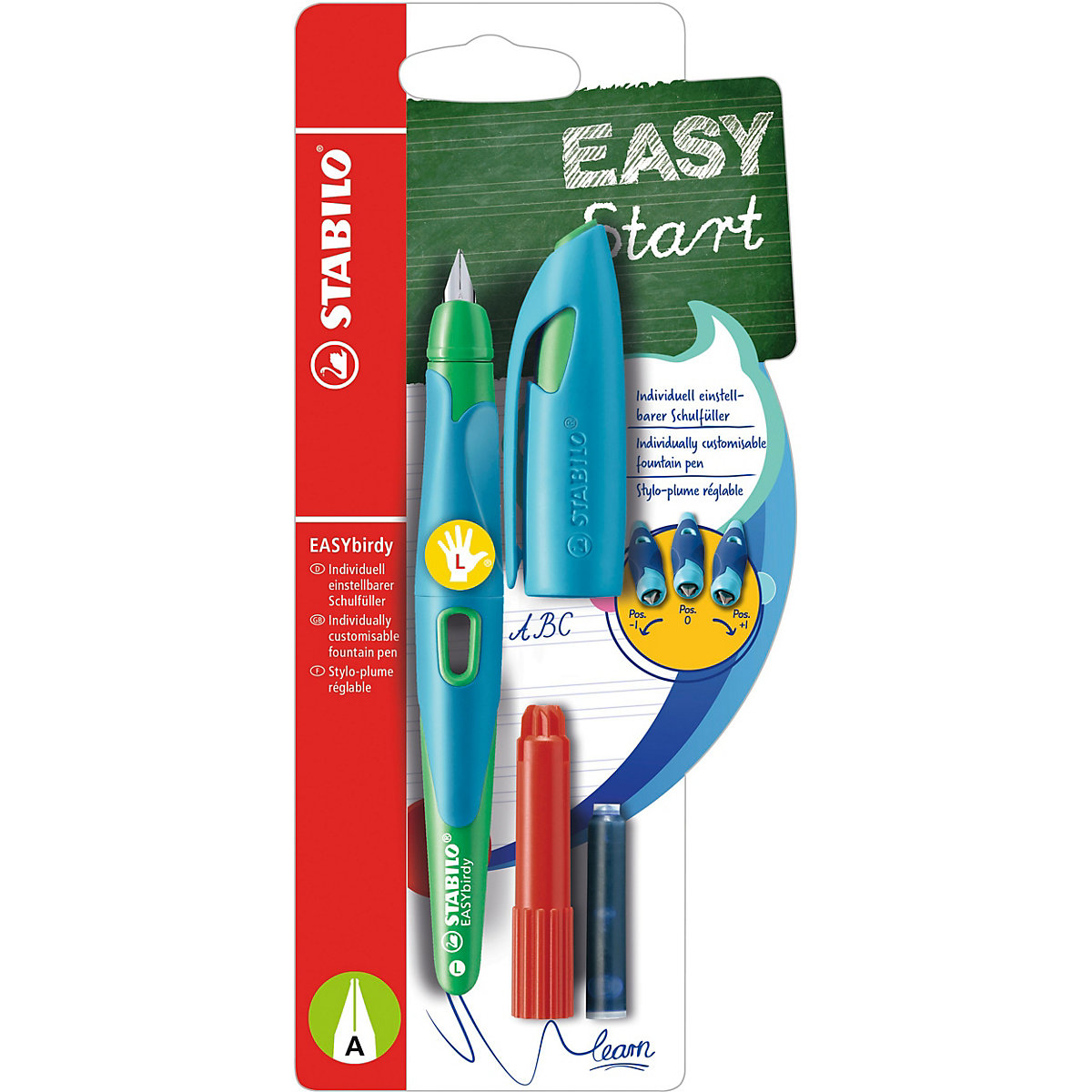 Schulfüller EASYbirdy Linkshänder A-Feder himmelblau/grasgrün, inkl. Patrone & Einstellwerkzeug