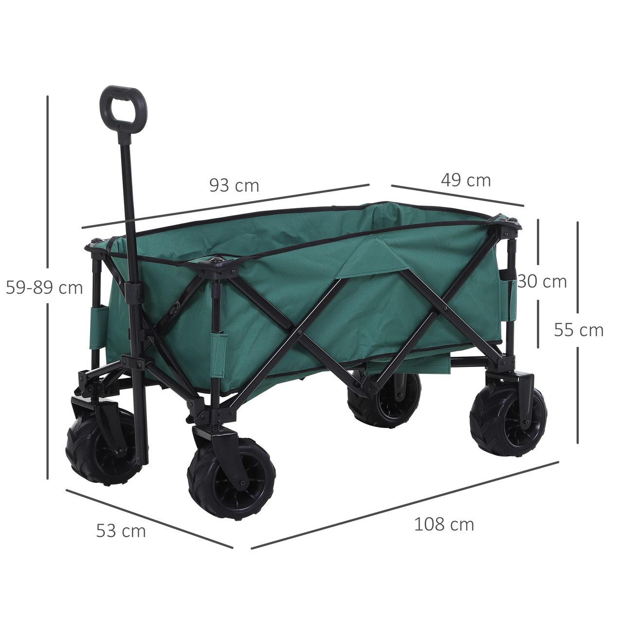 Outsunny Bollerwagen Faltbarer Handwagen 360° Gartenwagen Transportwagen mit Teleskop Griff Verstellbarer Griffhöhe Strandwagen bis 20 kg Tragkraft Metall Oxford Grün 108 x 53 x 59-89 cm
