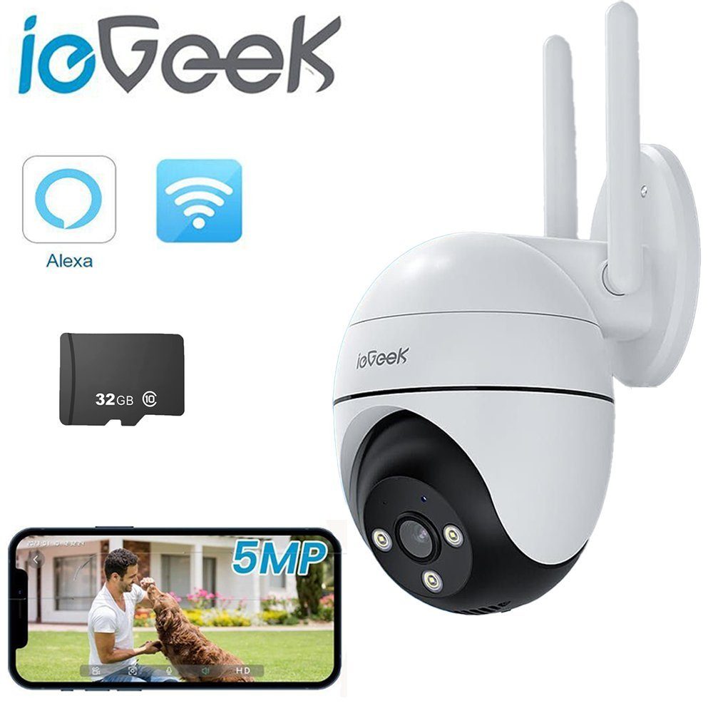 ieGeek 5MP 355°/90° Schwenkbare PTZ Akku CCTV Überwachungskamera mit SD Karte Überwachungskamera (Aussen, Außen, Innenbereich,Außenbereich, Wald, Farm, Campingbus, Straße, mit Farbiger Nachsicht, Bewegungserkennung, Automatische Verfolgung, Intellige