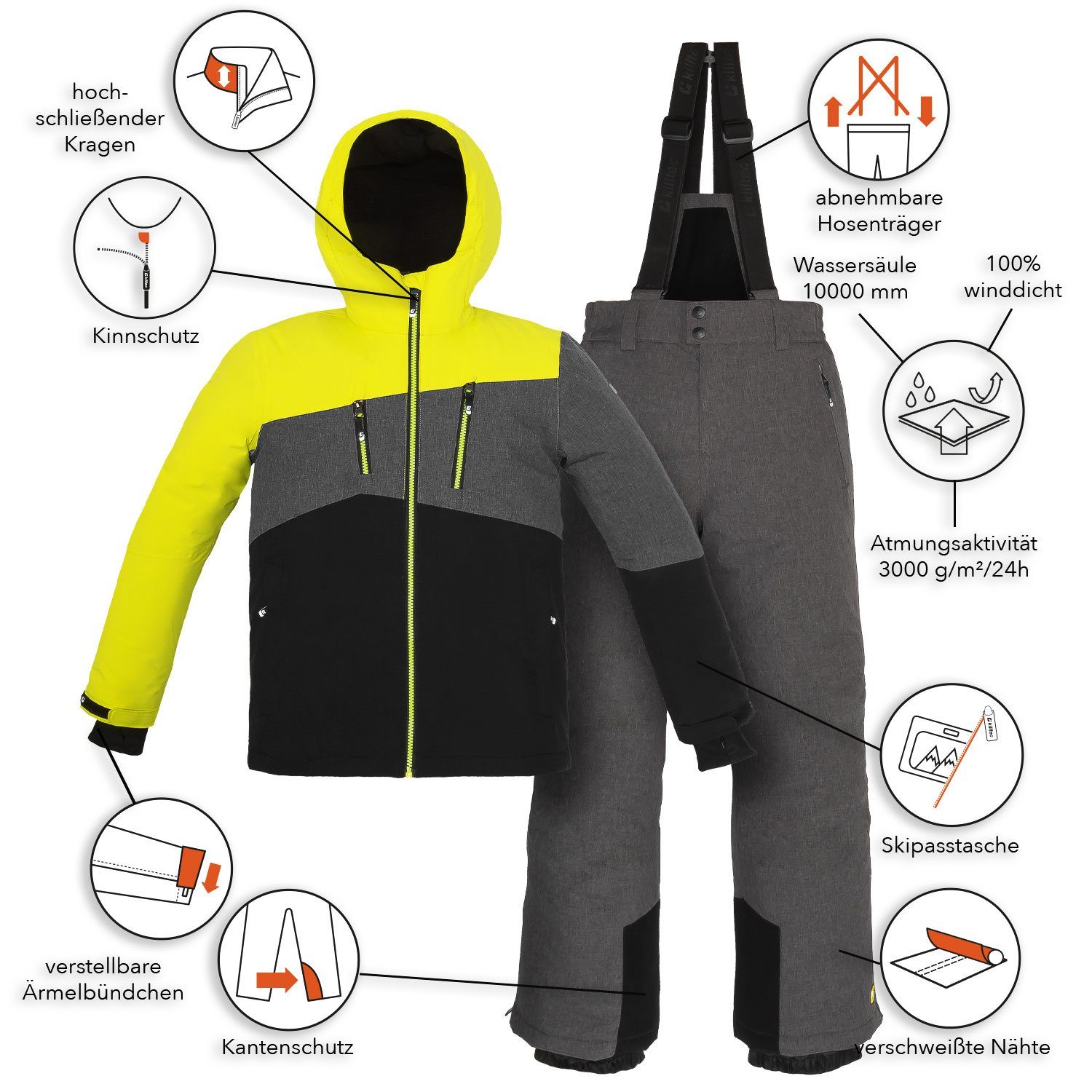Killtec Skianzug Jungen Kinder Skijacke limette + Skihose grau