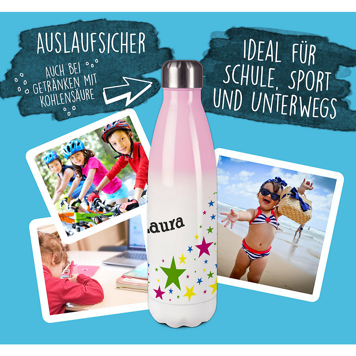 Edelstahl Kinder Thermoflasche / Trinkflasche bunt Sterne Spülmaschinenfest, Auslaufsicher, Bruchfest, Doppelwandig, Für Heißgetränke geeignet, Mit Deckel, Isoliert