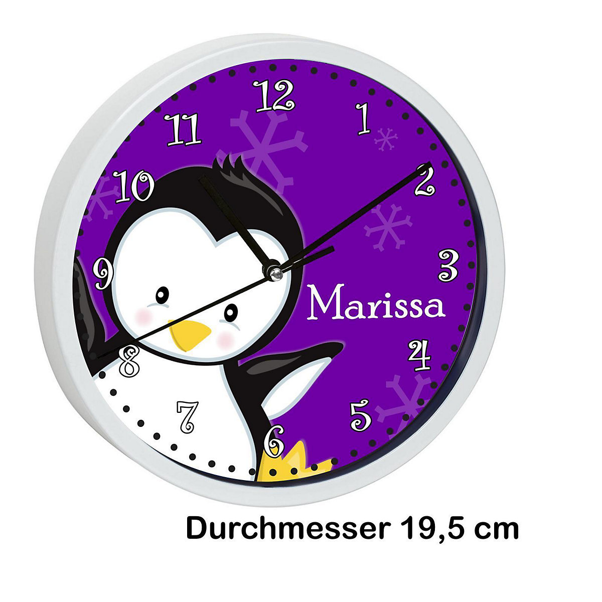Kinder Wanduhr personalisiert mit Name Pinguin lila