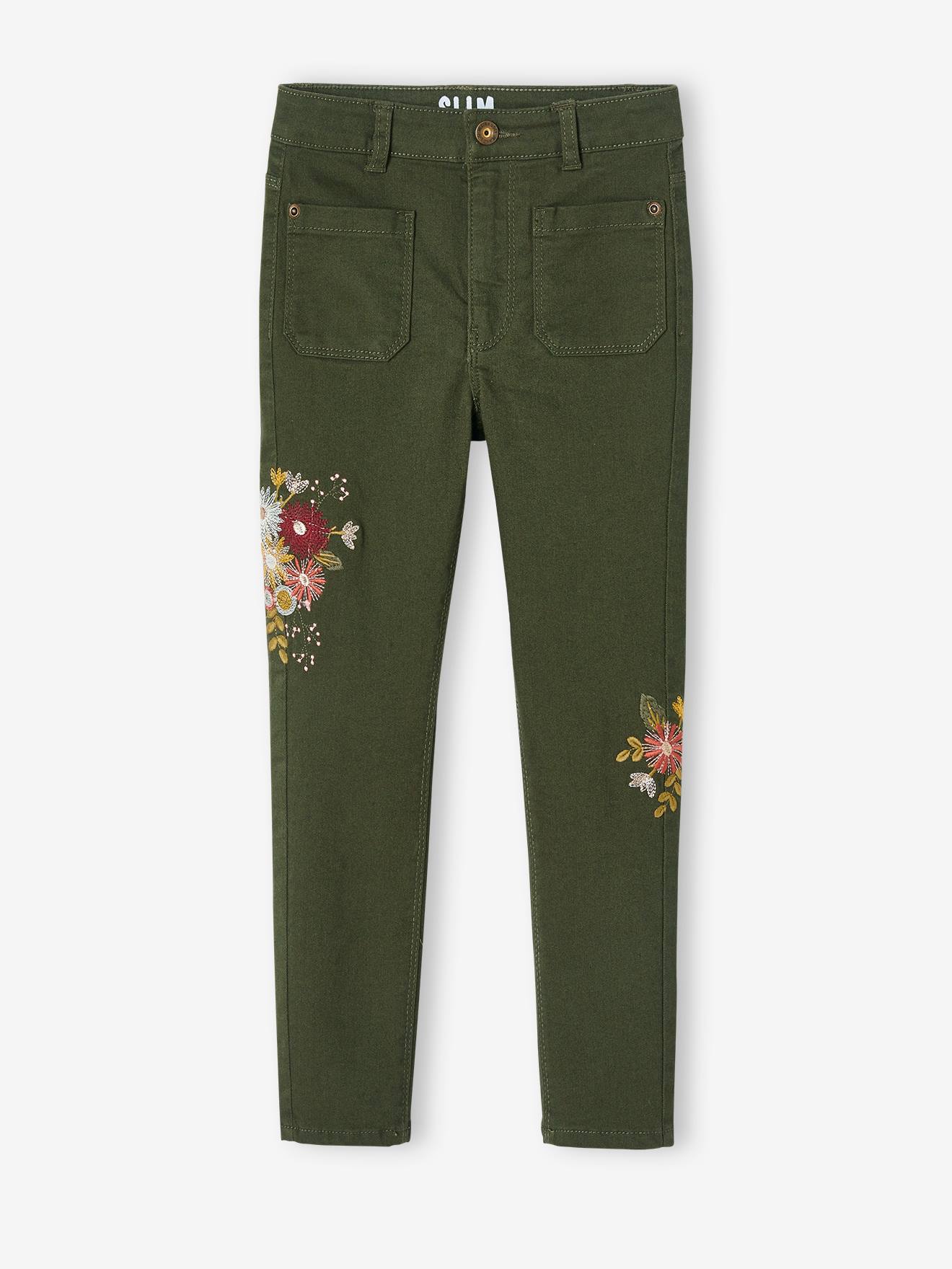 Pantalon slim brodé fleurs fille taille haute vert