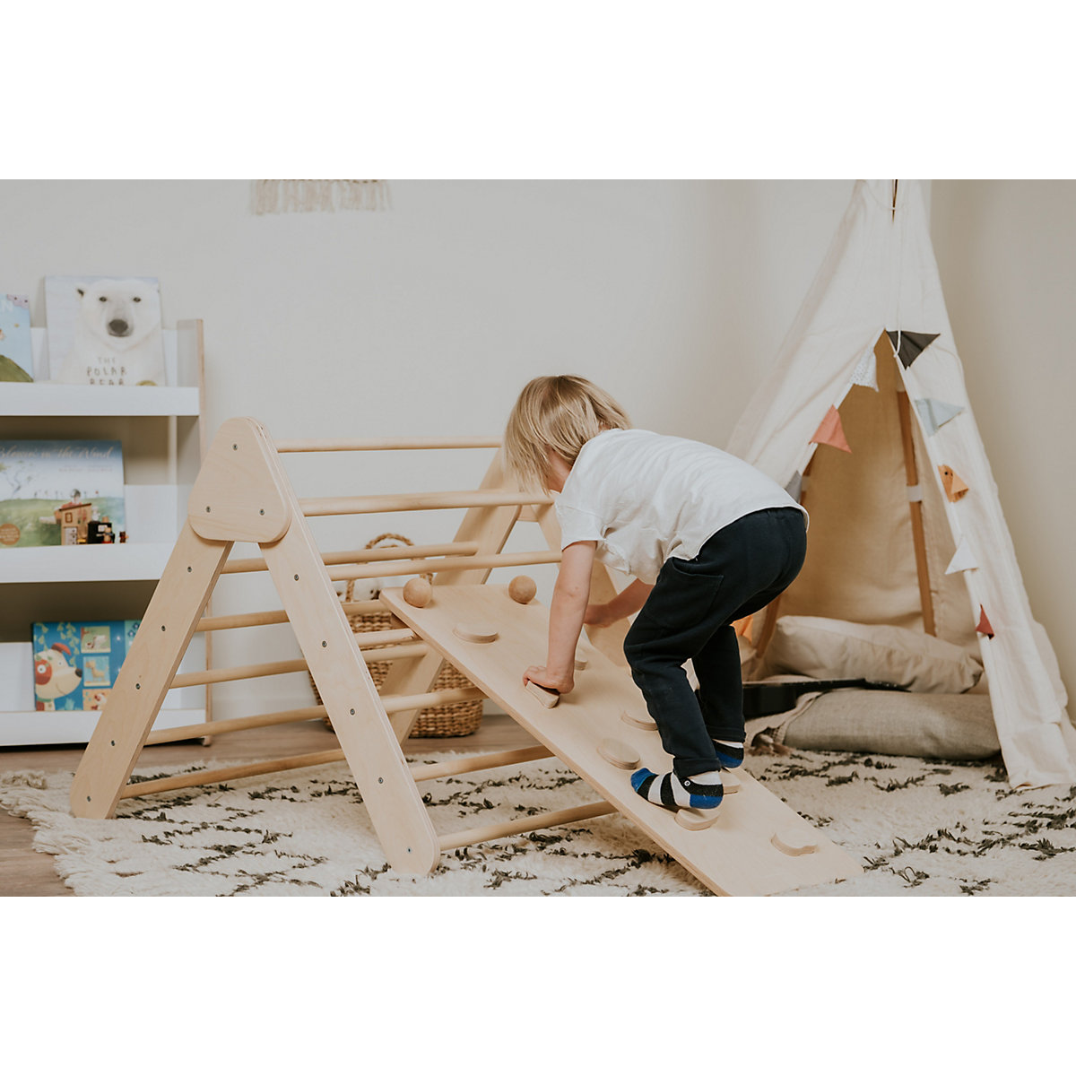 Klettergerüst mit Rampe und Rutsche Indoor, Kletterdreieck aus Holz, Klettern Innnen Kleinkind