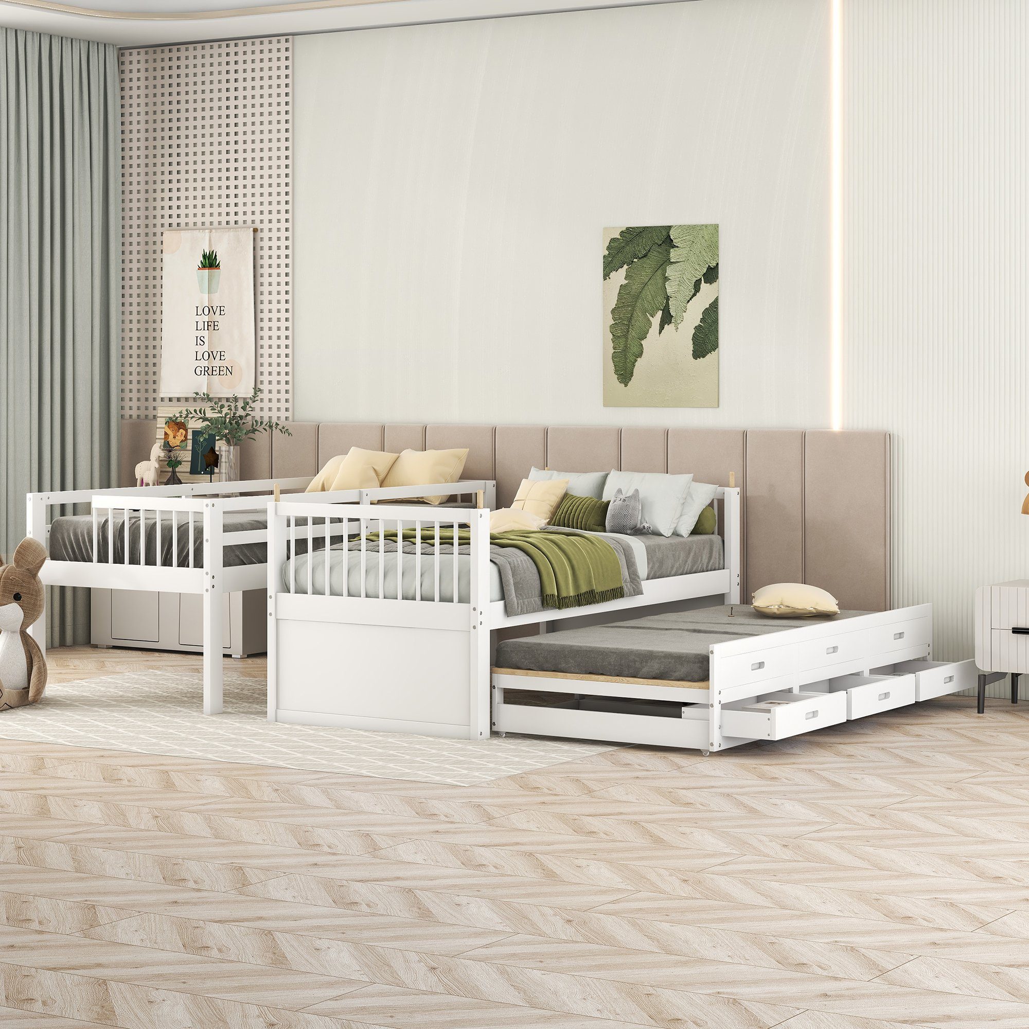 REDOM Bett Etagenbett Kinderbett Hausbet Einzelbett (Bettgestell aus Kiefer und MDF mit Leiter undausziehbarem Bett, 3 Schubladen), 90x200cm, Matratze nicht enthalten