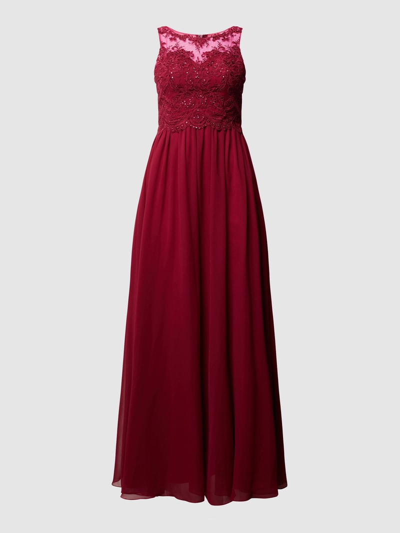 Abendkleid mit Ziersteinen und floralen Stickereien in kirschrot
