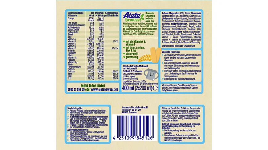 ALETE Milch-Getreide-Mahlzeit Keks ab 10. Monat 2x200ml 400 ml