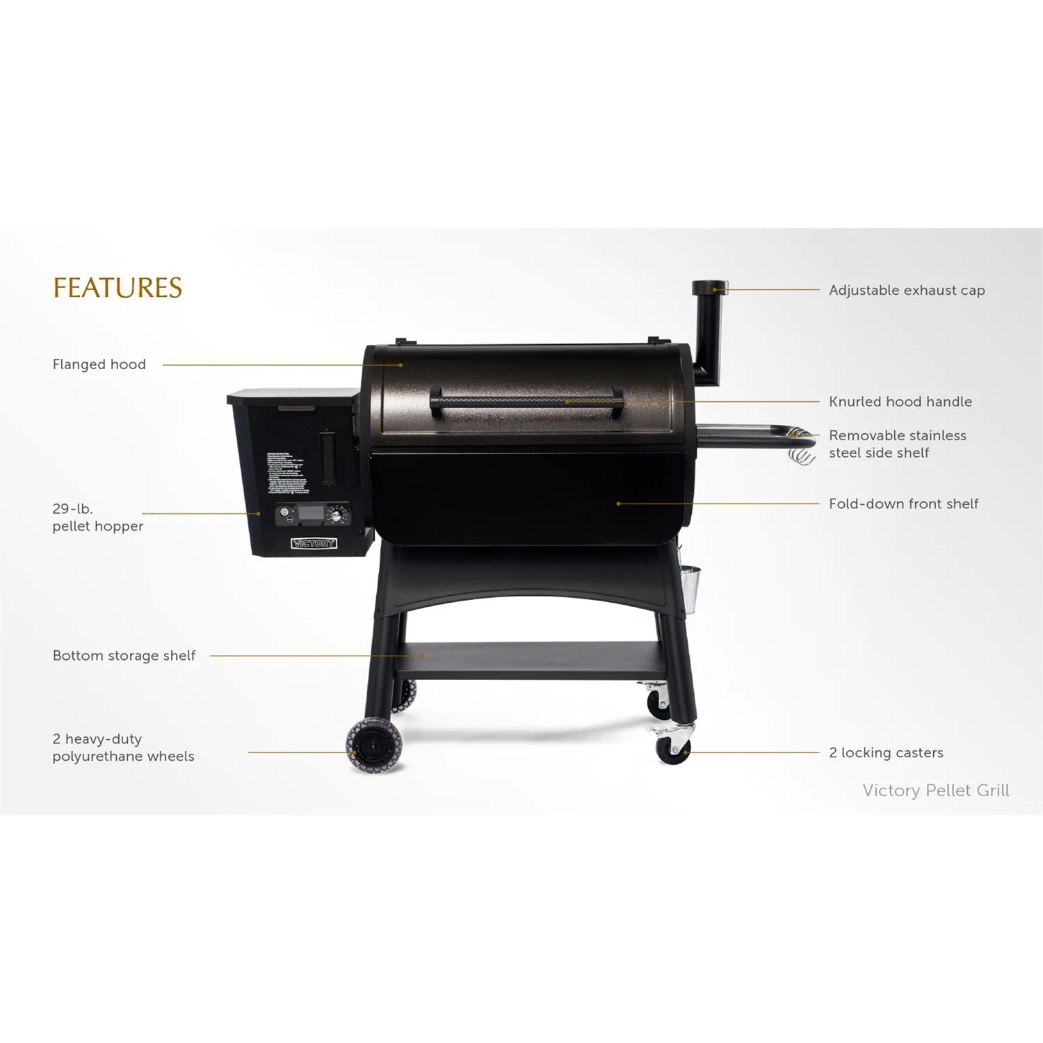 Victory 35-Inch Wood Pellet Grill with Front Shelf, 29-Lb Hopper & 16 Gauge Steel Barrel & Cart - BBQPG