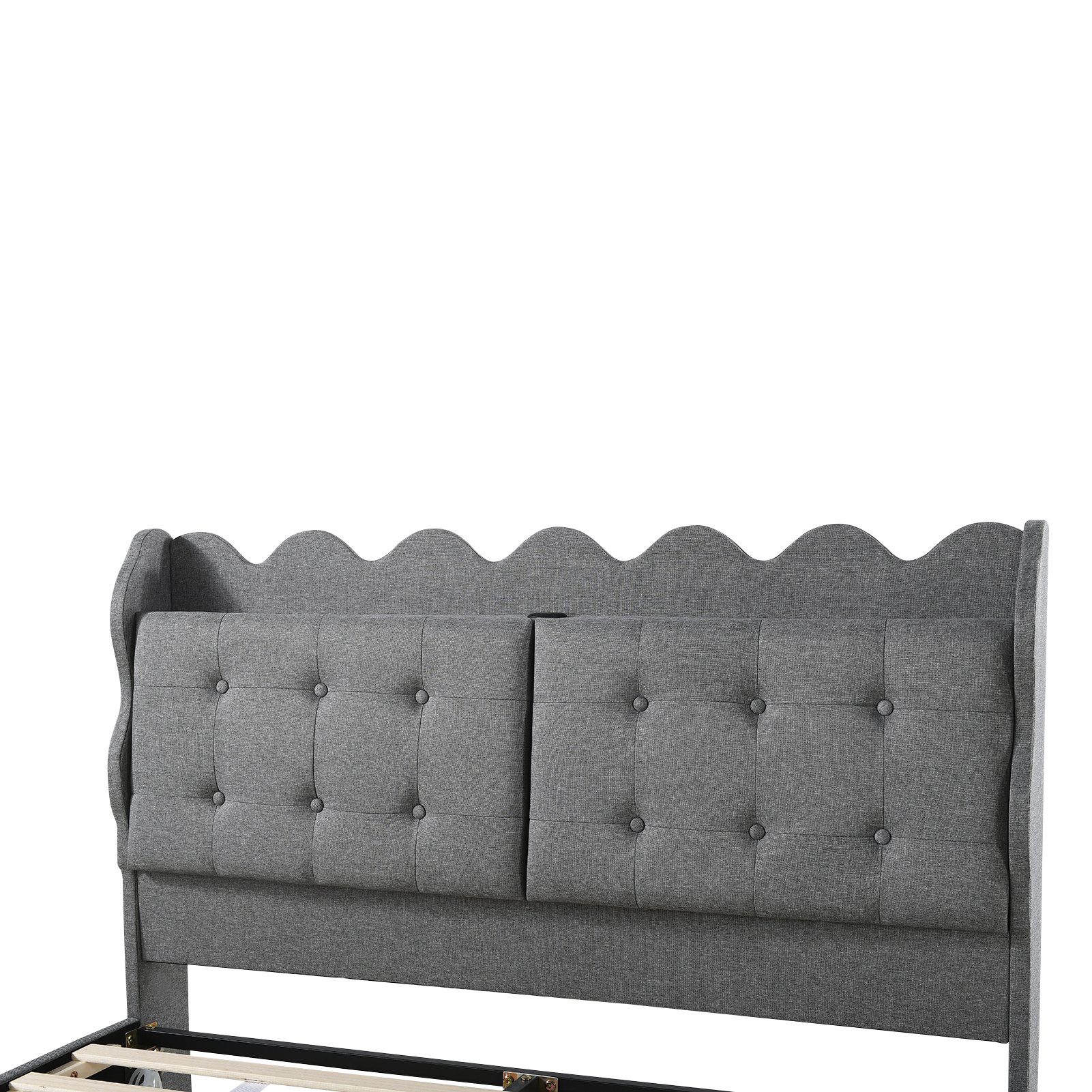Flieks Polsterbett, LED Doppelbett 140x200cm mit Stauraumfach und Ladeanschluss Leinen