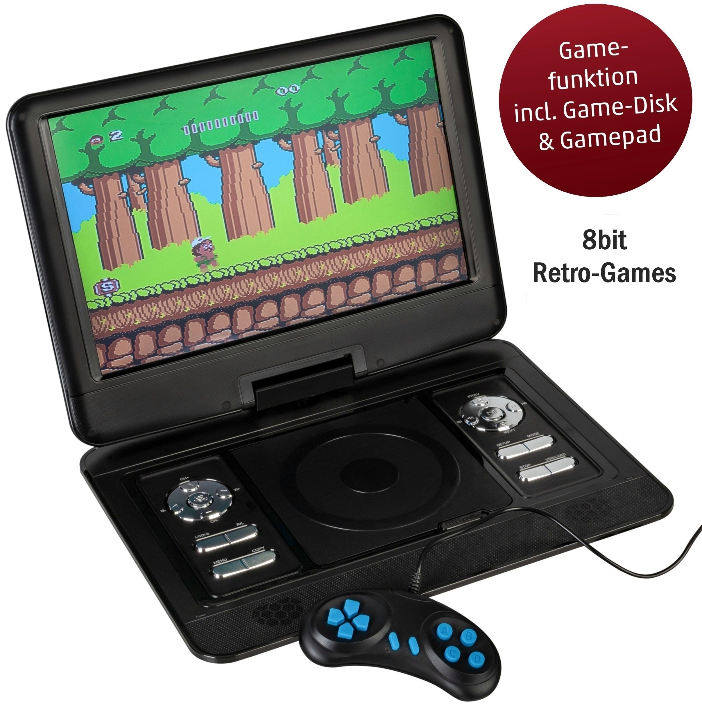 Reflexion DVD1322B Portabler DVD-Player (13” tragbarer LCD-Monitor, DVB-T2 HD, DVD-Player, Gamepad, Game-Disk, USB, Micro-SD, Akku, 12V-Adapter)