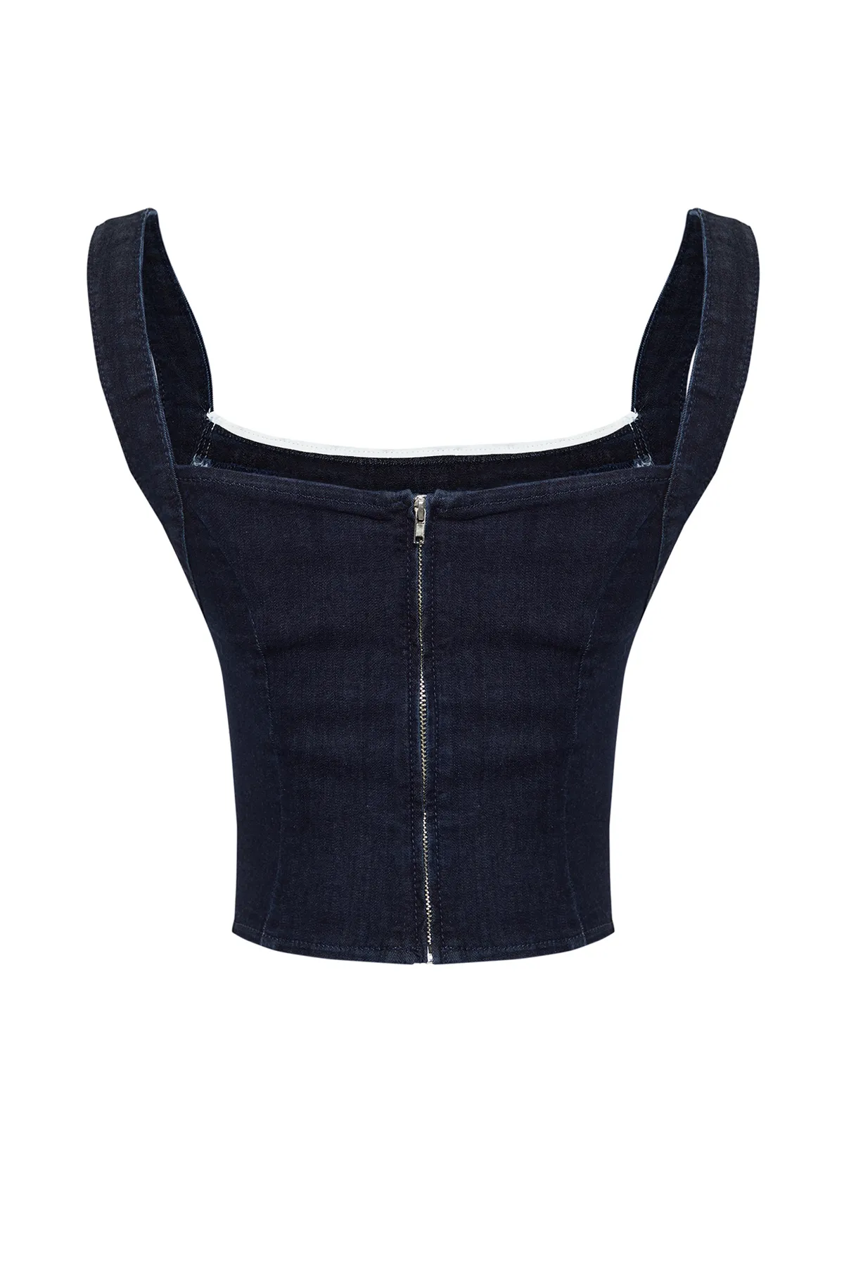 Trendyol Collection  Dunkelblaues, detailliertes Riemchen-Jeans-Bustier mit Kragen TWOSS24BS00010