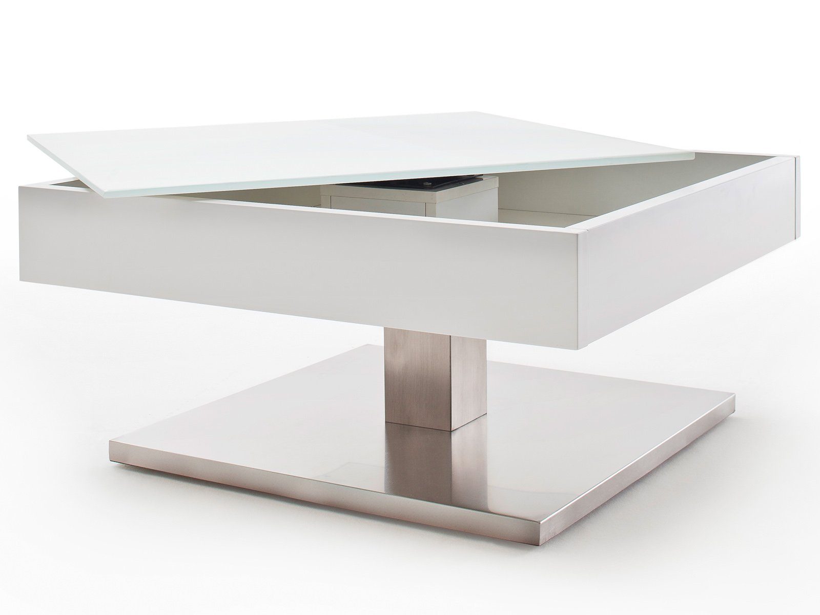 möbelando Couchtisch Marcie, Moderner Couchtisch aus MDF in Weiß matt lackiert, Deckplatte aus Sicherheitsglas, Sockel aus Metall in Edelstahl-Optik gebürstet mit MDF Kern. Breite 75 cm, Höhe 38 cm, Tiefe 75 cm