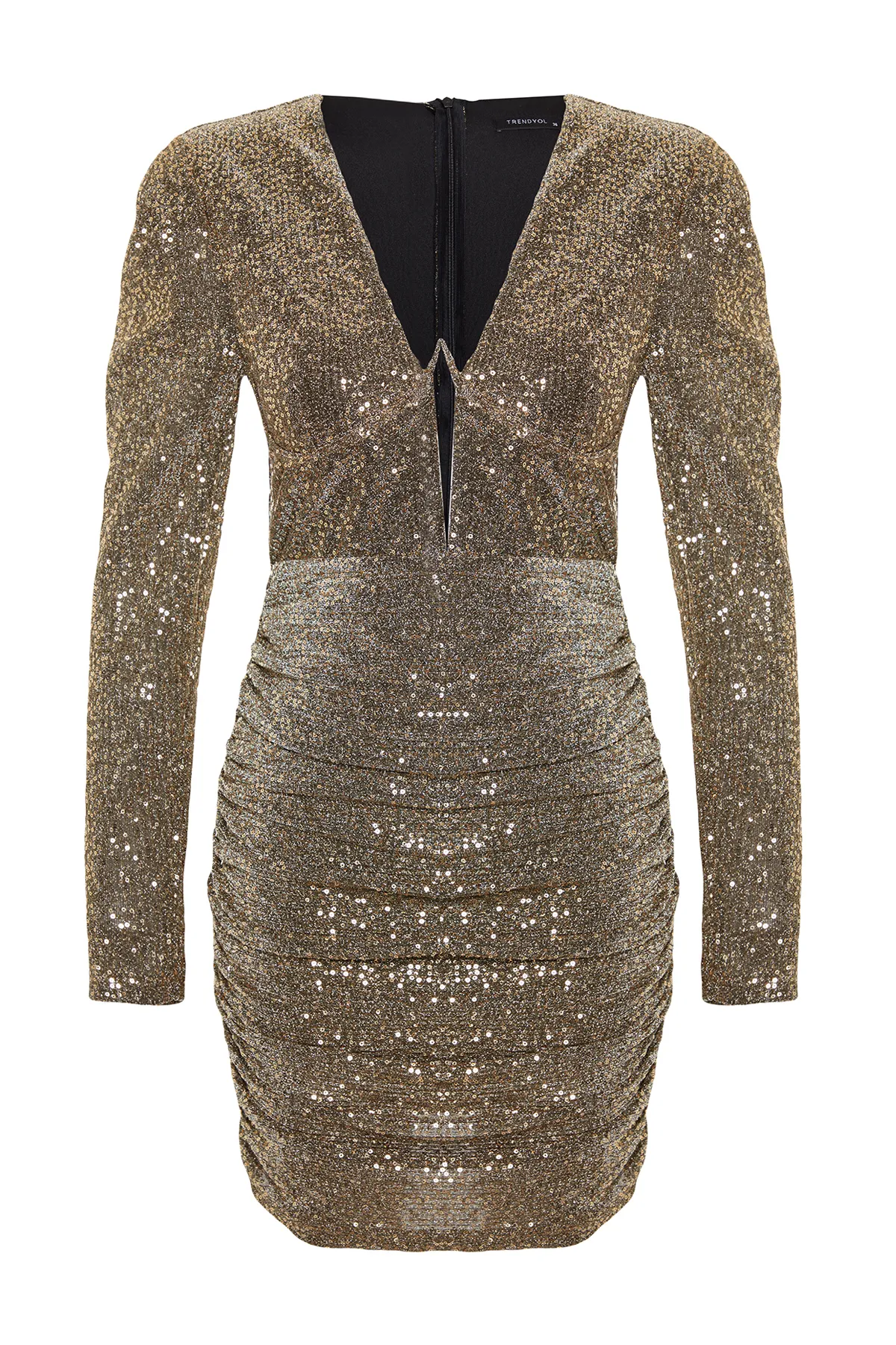 Trendyol Collection  Elegantes Abendkleid mit goldfarbenen, glänzenden Pailletten und Pailletten TPRAW24EL00159
