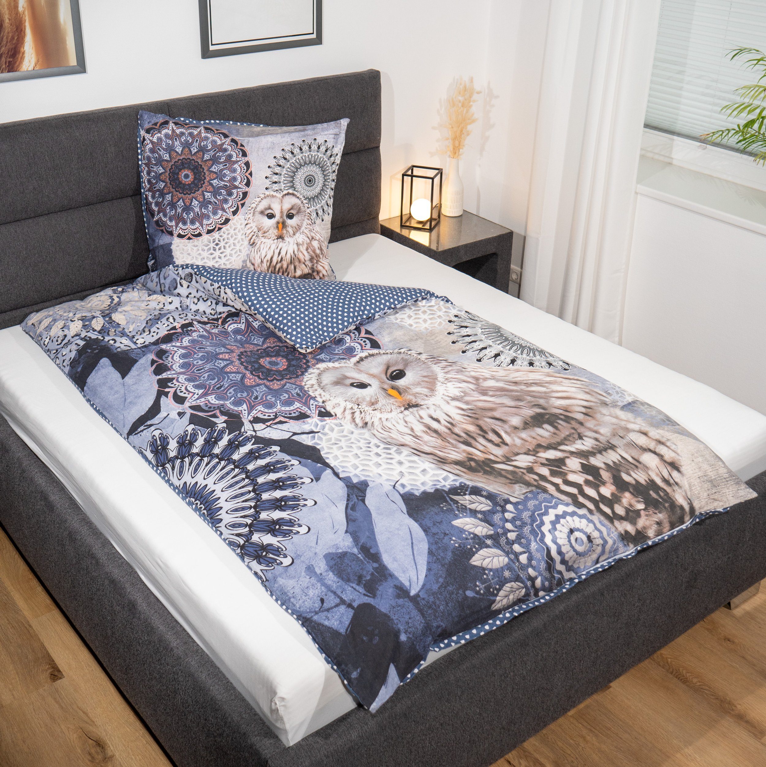 Bettwäsche Comfort Baumwolle, Traumschloss, Flanell, 2 teilig, blaue Mandalas mit Eule