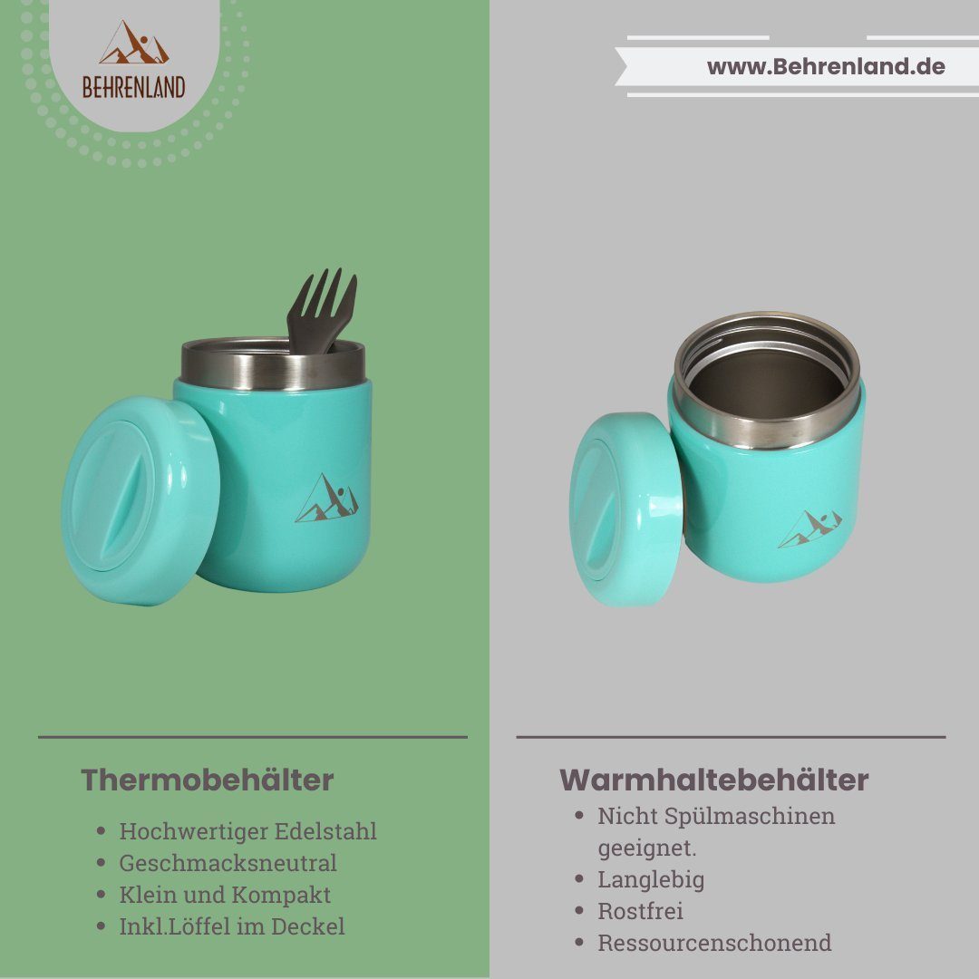 Behrenland Kühlbox Thermobehälter 500 ml - Edelstahl Warmhaltebehälter-Thermo Lunchbox, Inklusive zusammenklappbarem Löffel im Deckelfach