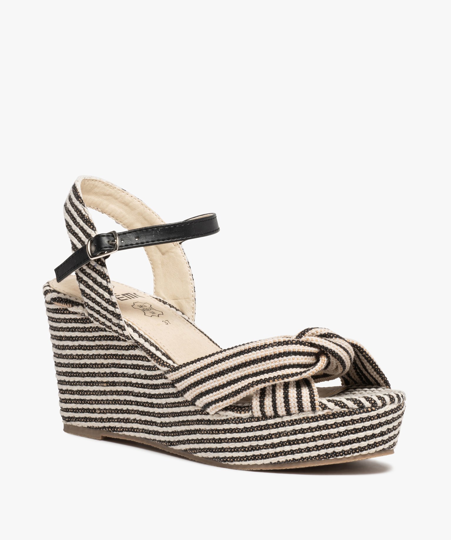 Sandales femme à talon compensé et dessus toile drapée noir | GEMO