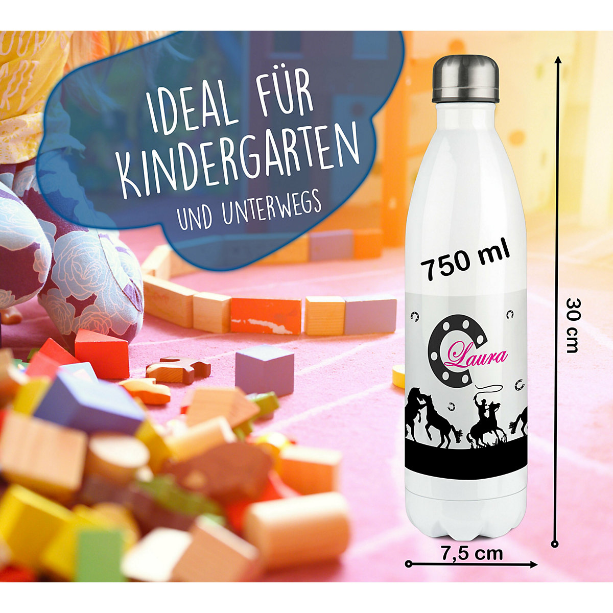 Edelstahl Kinder Thermoflasche / Trinkflasche bunt Pferd-Cowboy schwarz Spülmaschinenfest, Auslaufsicher, Bruchfest, Doppelwandig, Für Heißgetränke geeignet, Mit Deckel, Isoliert