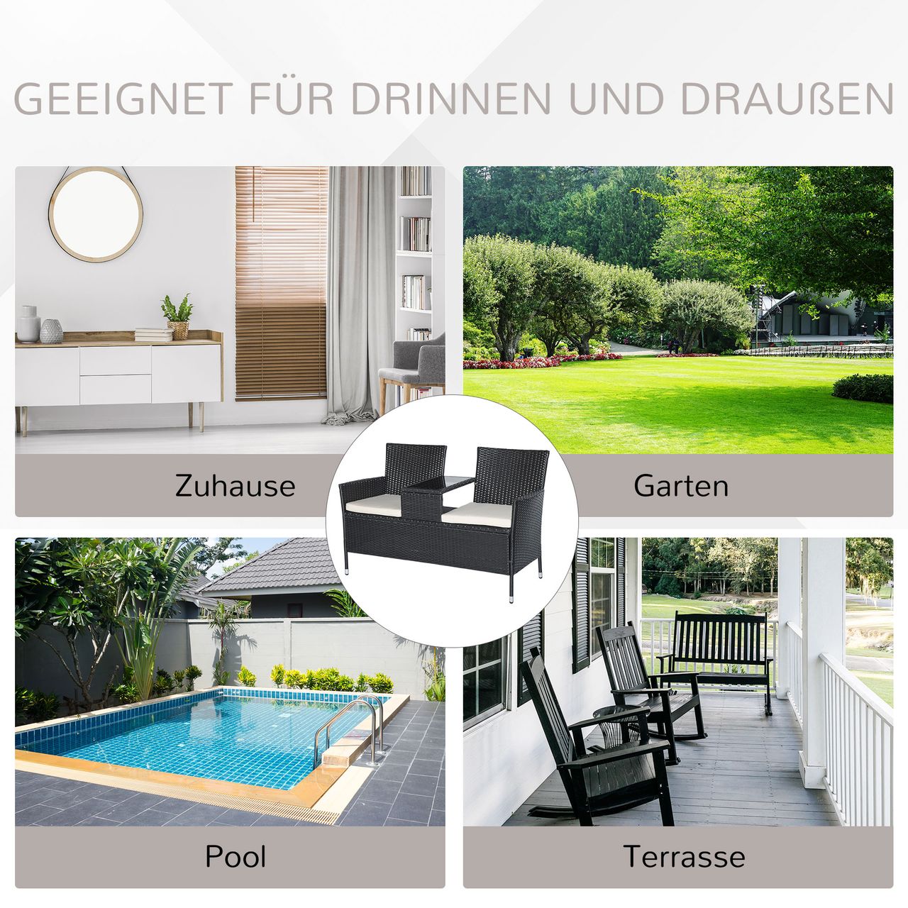 Outsunny Polyrattan Gartenbank Gartensofa Sitzbank mit Tisch 2-Sitzer Stahl Schwarz B133 x T63 x H84cm